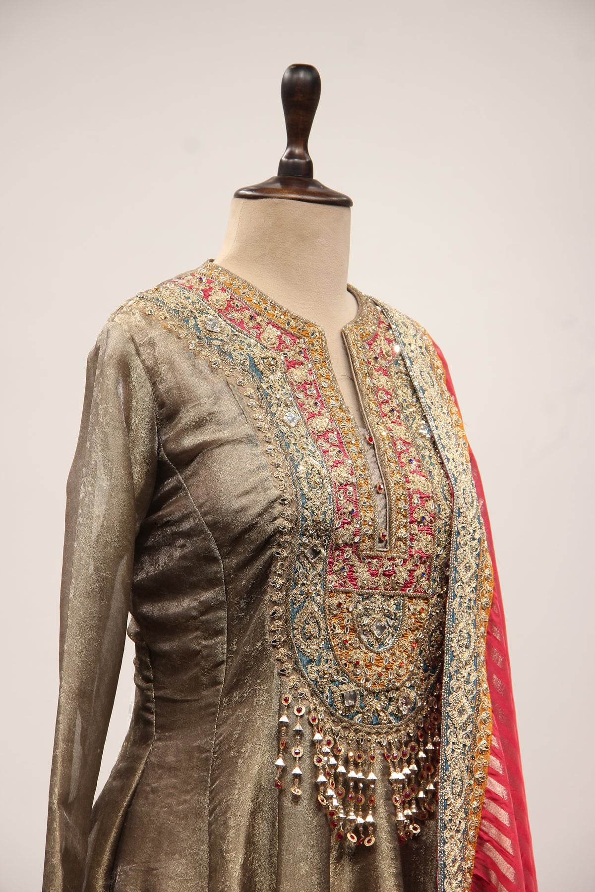 Grey Banarasi Brocade-Tissue Anarkali Gown with Zari & Mirror Handwork – other side close-up