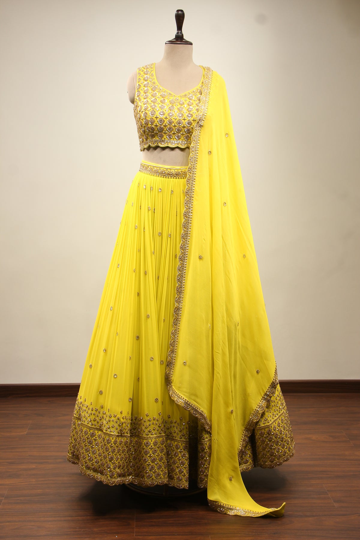 Lime Georgette Lehenga Crop Top with Handwork & Cut Dana Handwork