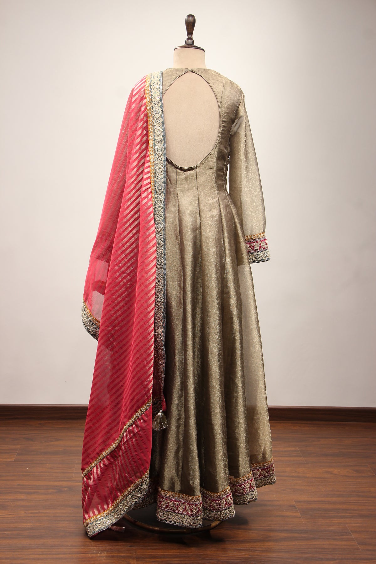Grey Banarasi Brocade-Tissue Anarkali Gown with Zari & Mirror Handwork – back view