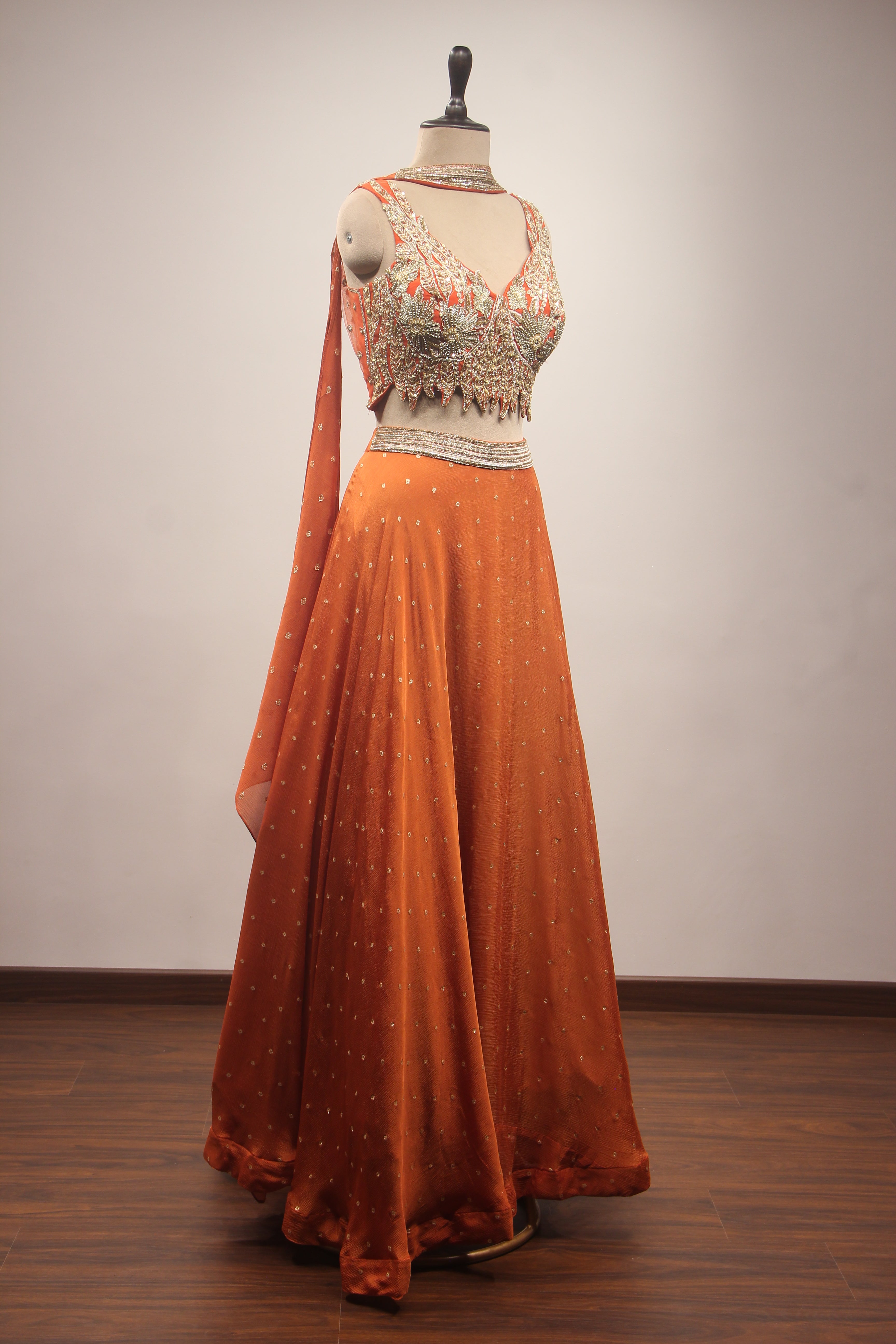 Crepe Lehenga with Hand Embroidery & Zari Handwork Crop Top Dupatta