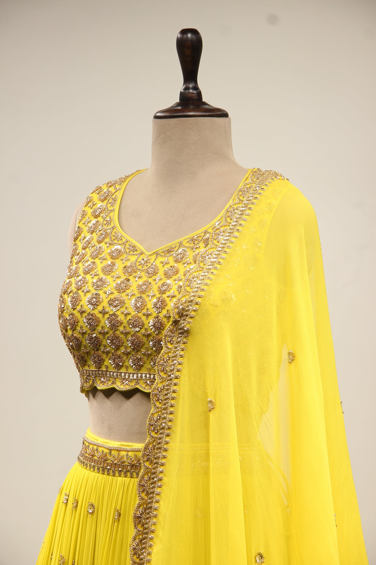 Lime Georgette Lehenga Crop Top with Handwork & Cut Dana Handwork