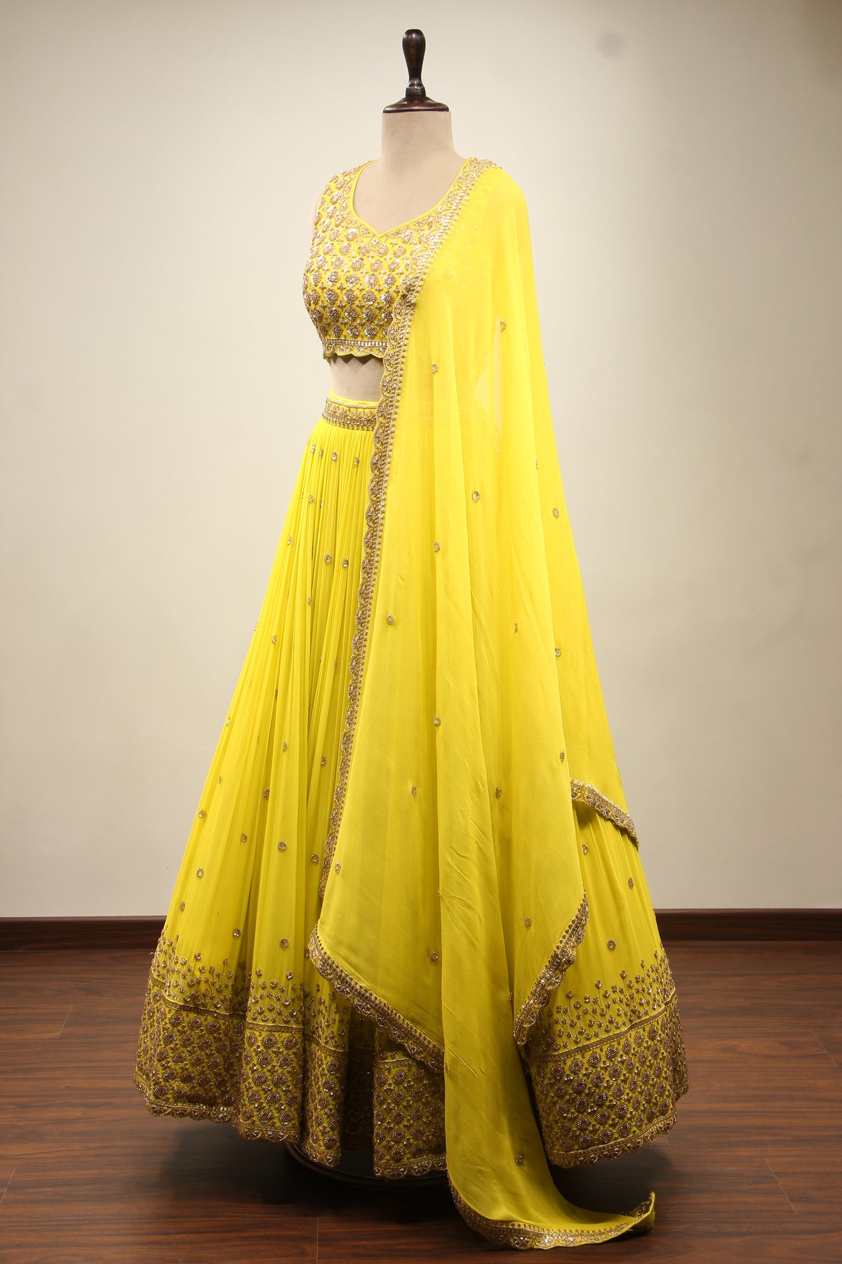 Lime Georgette Lehenga Crop Top with Handwork & Cut Dana Handwork