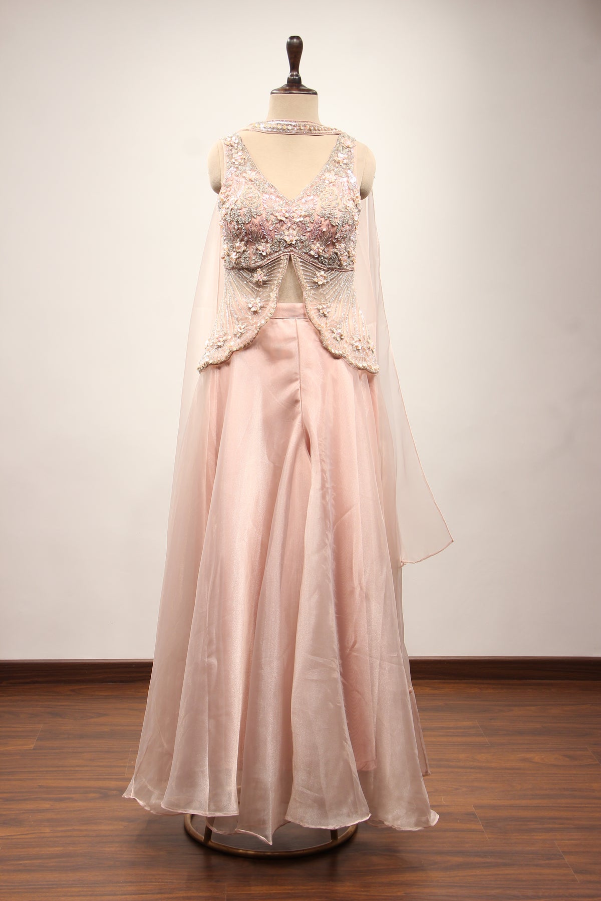 Baby Pink Shimmer Organza Indo Western, Embroidery & Cut Dana Handwork – front view