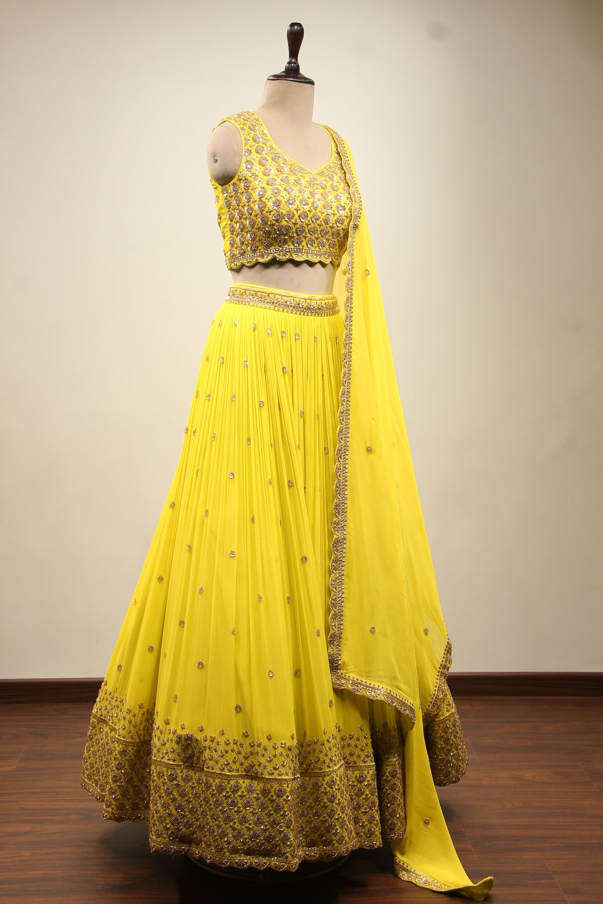 Lime Georgette Lehenga Crop Top with Handwork & Cut Dana Handwork