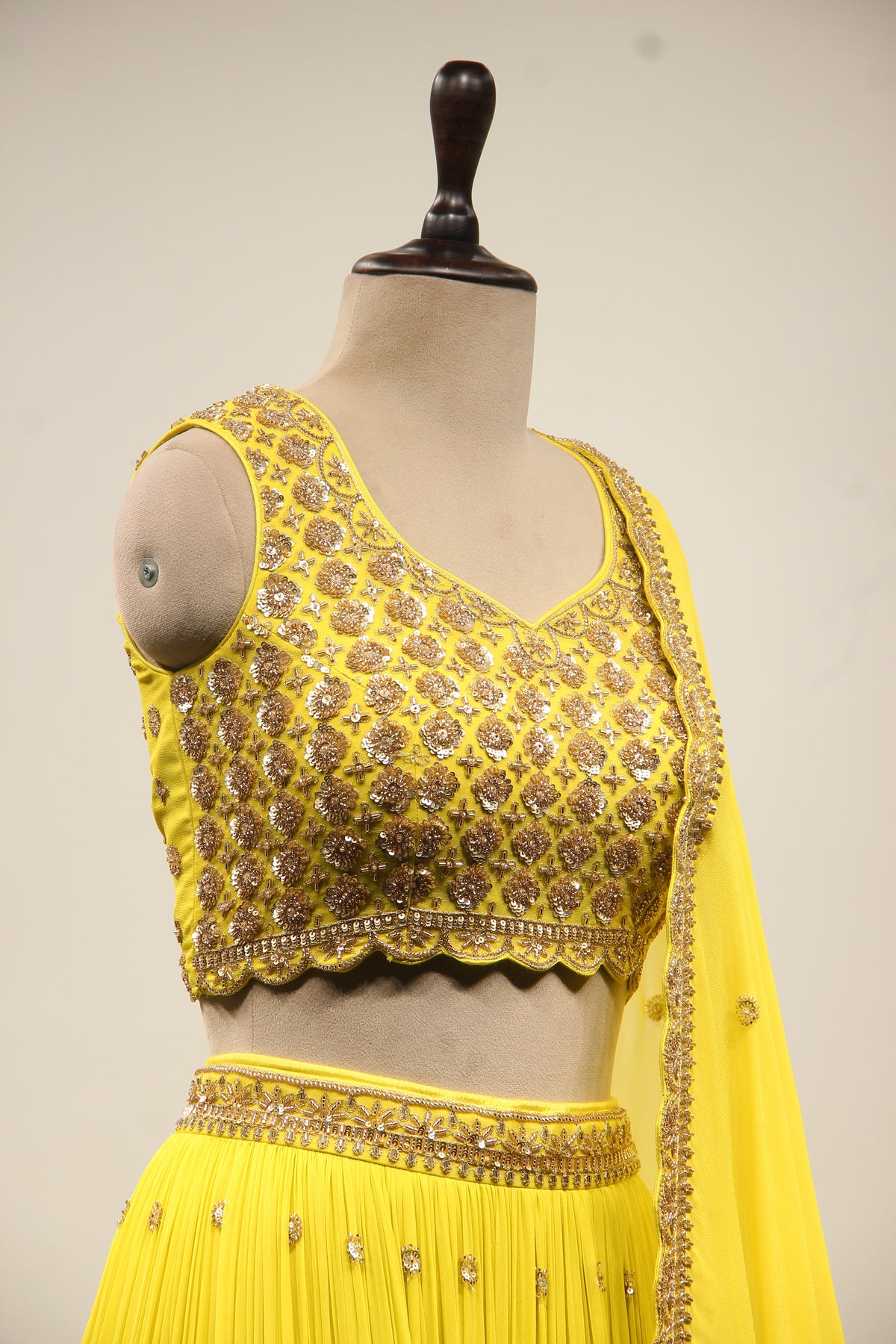 Lime Georgette Lehenga Crop Top with Handwork & Cut Dana Handwork