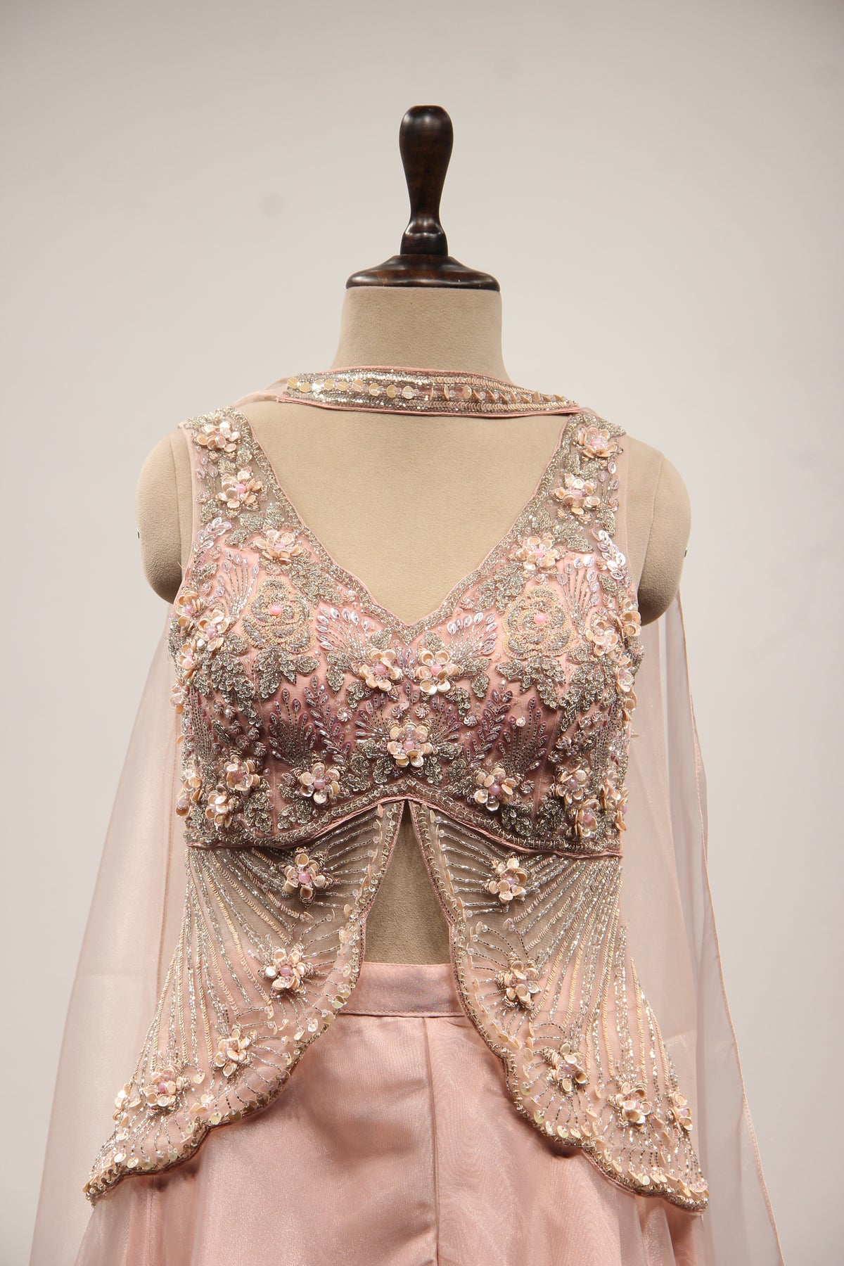 Baby Pink Shimmer Organza Indo Western, Embroidery & Cut Dana Handwork – front close-up