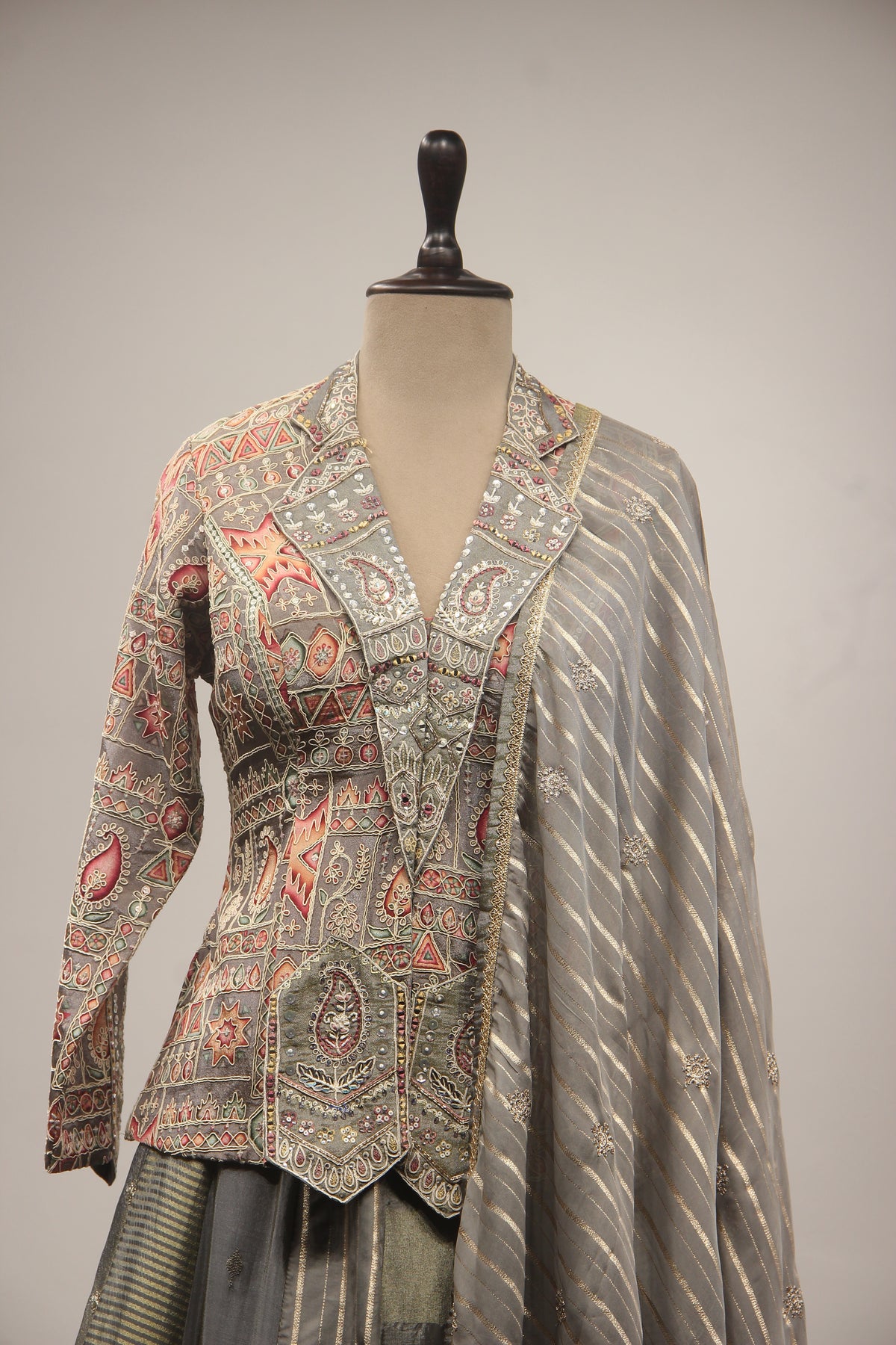 Grey Tissue Lehenga with Embroidered Jacket, Sequin, Stone & Mirror Work