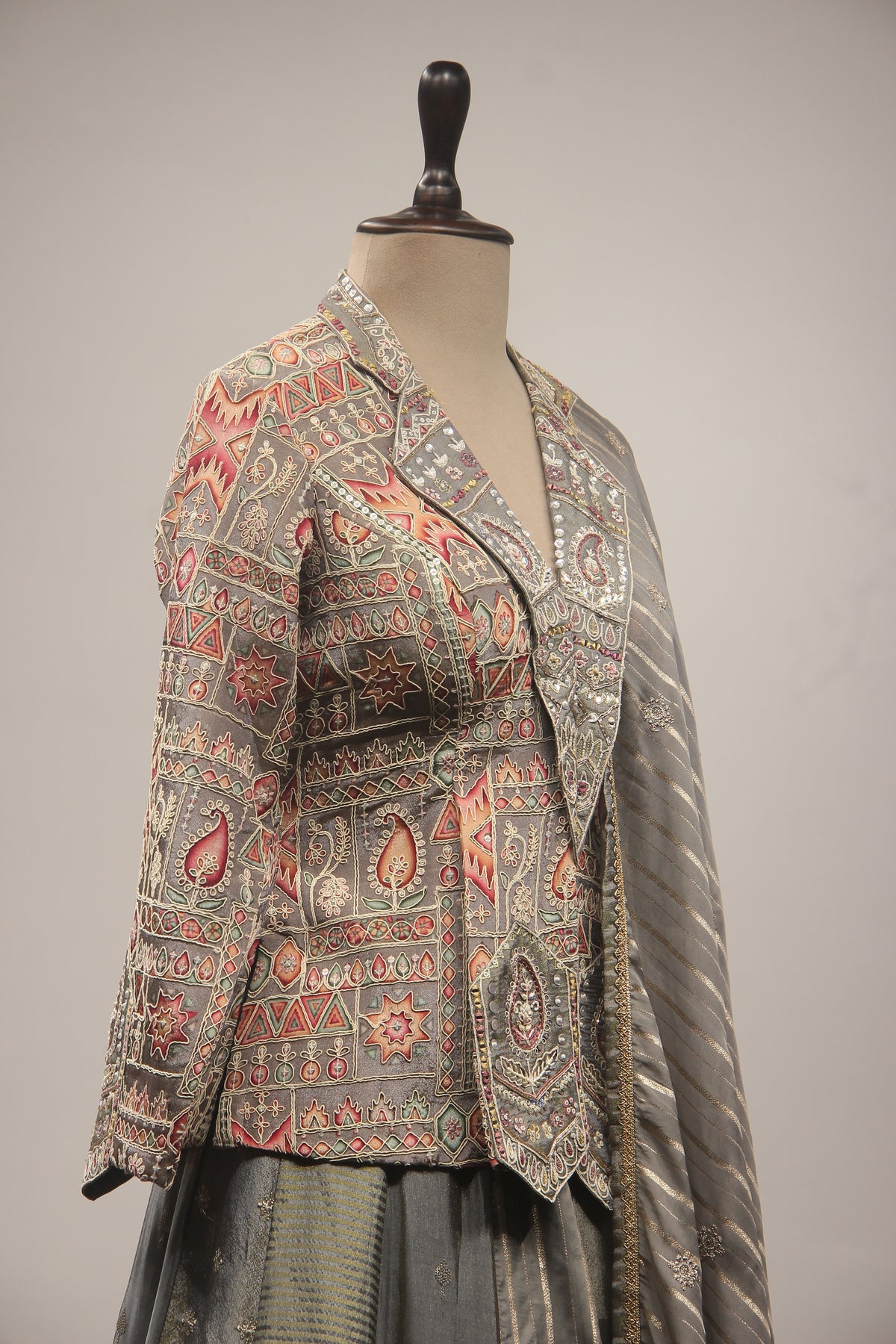 Grey Tissue Lehenga with Embroidered Jacket, Sequin, Stone & Mirror Work
