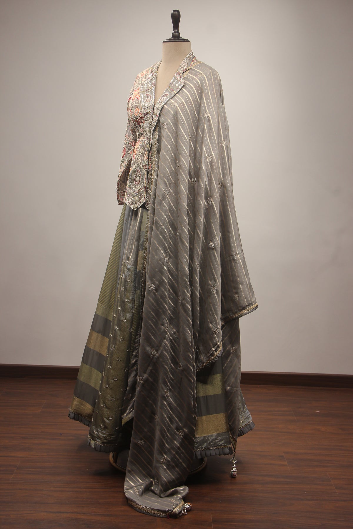 Grey Tissue Lehenga with Embroidered Jacket, Sequin, Stone & Mirror Work