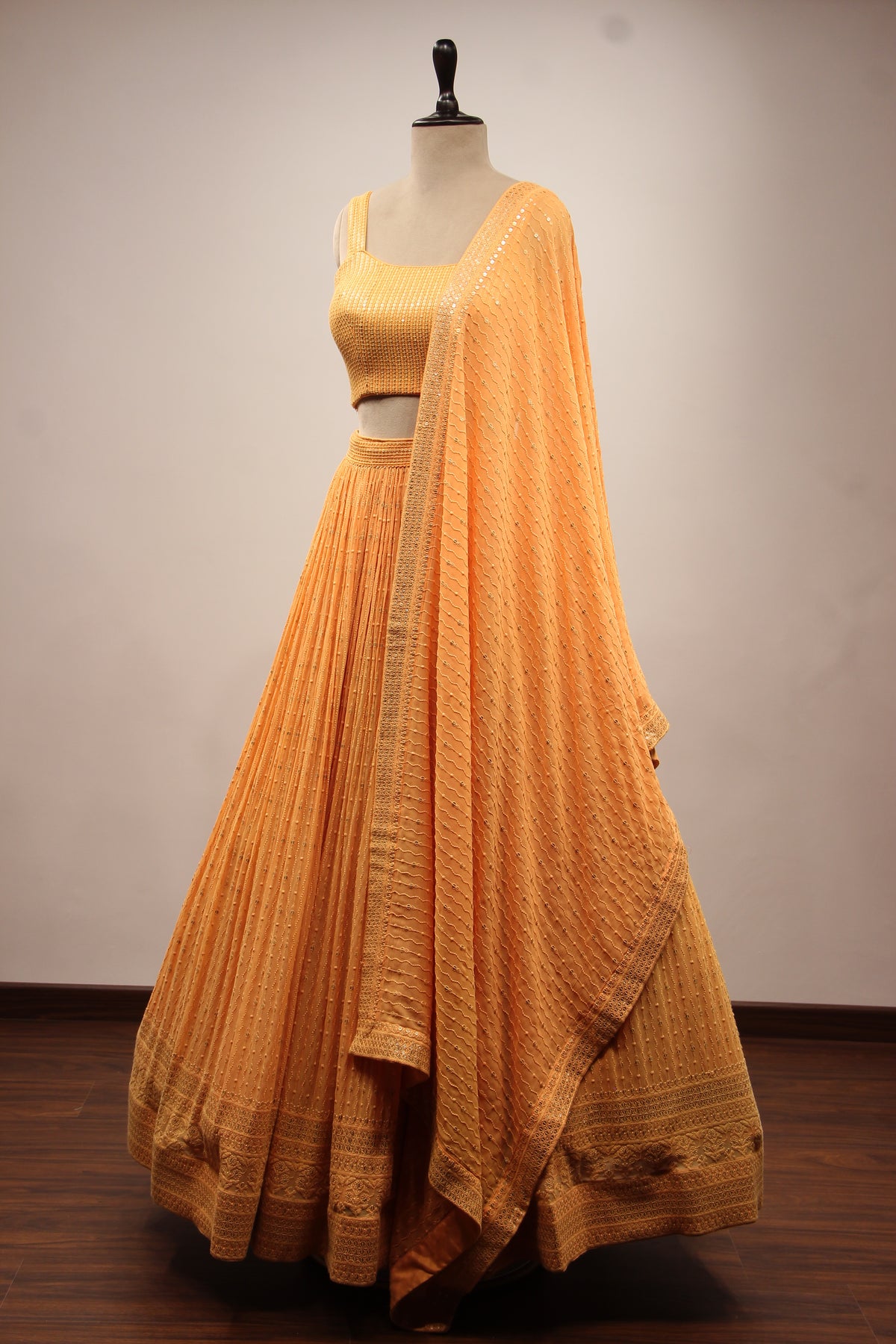 Orange Georgette Lehenga with Resham & Sequin Handwork Crop Top