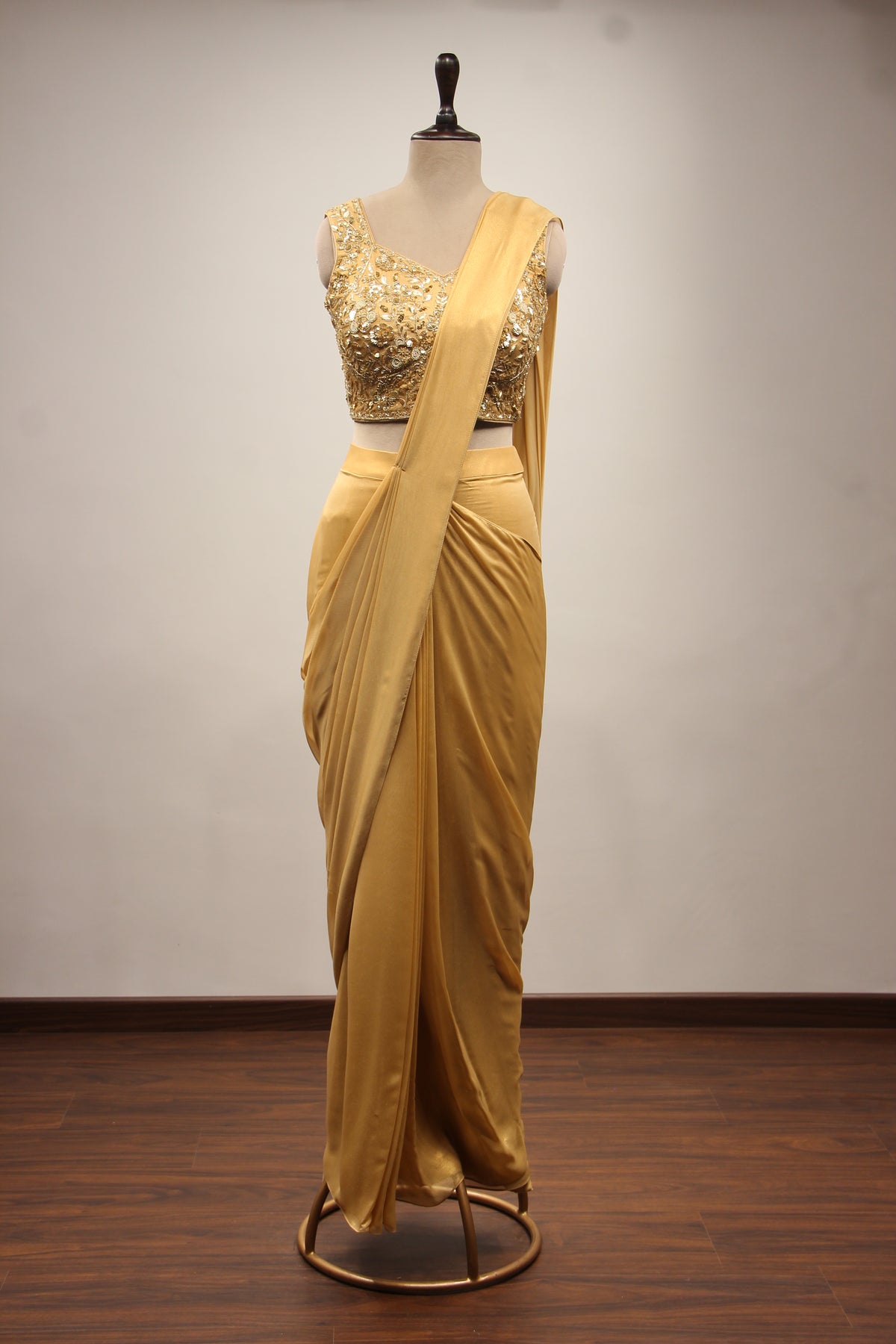 Gold Imported Drape Saree with Hand Embroidery & Sequin Handwork