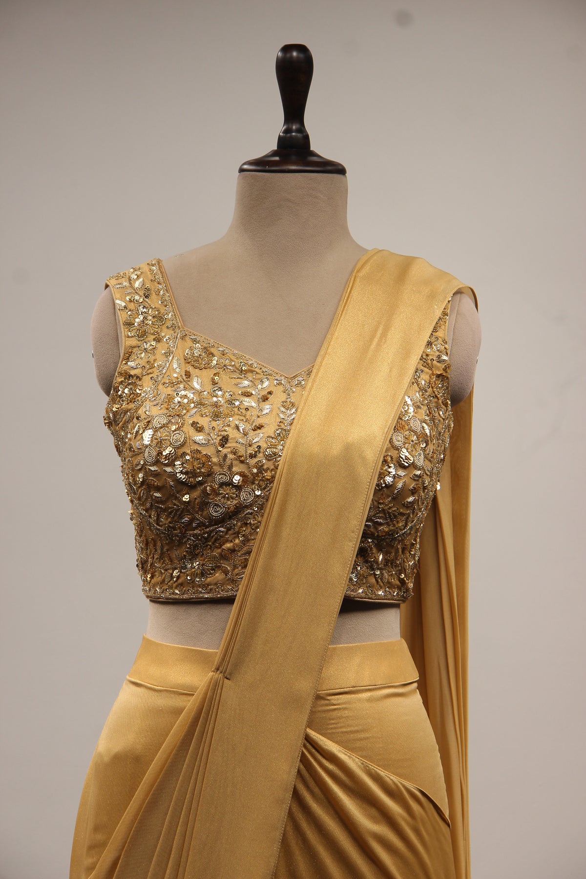 Gold Imported Drape Saree with Hand Embroidery & Sequin Handwork