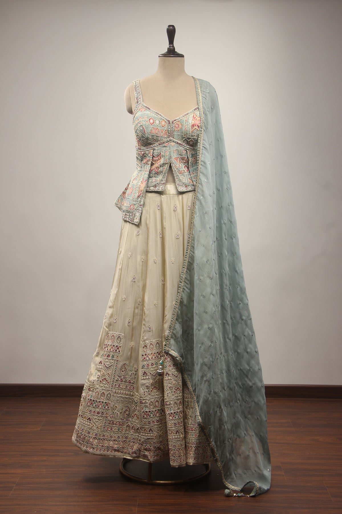 Blue Tissue Lehenga with Printed Handwork & Hand Embroidery Handwork