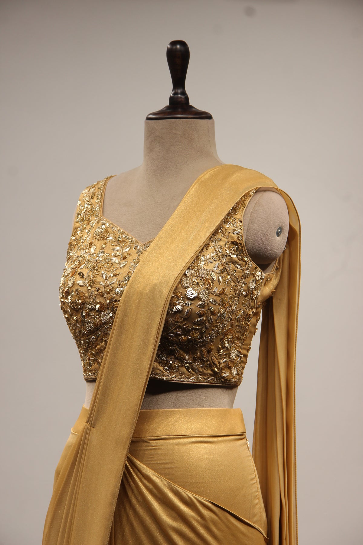 Gold Imported Drape Saree with Hand Embroidery & Sequin Handwork