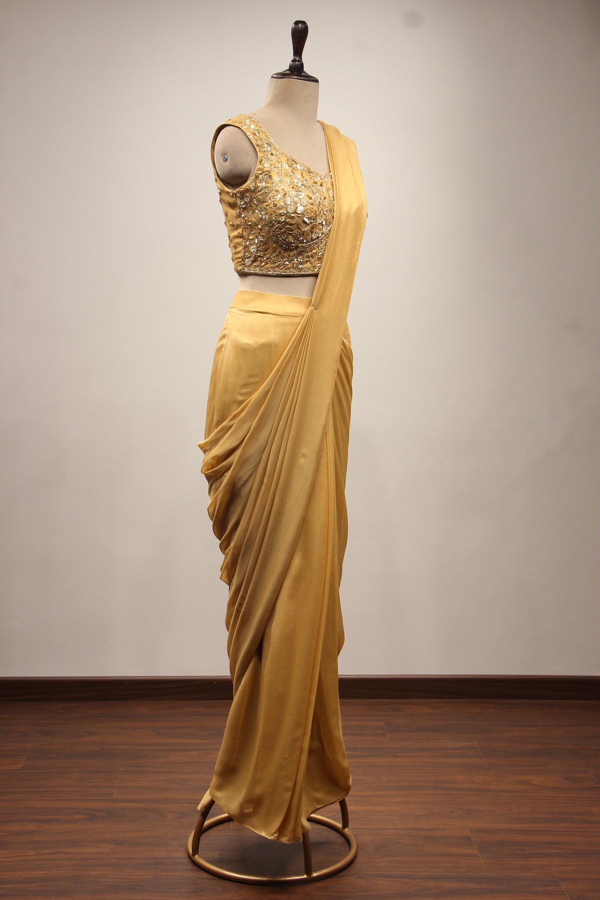 Gold Imported Drape Saree with Hand Embroidery & Sequin Handwork