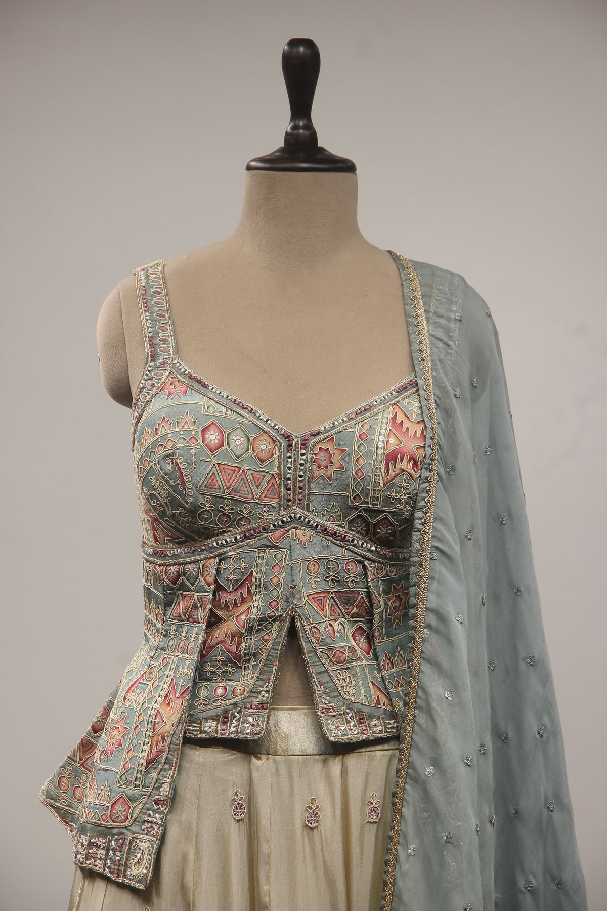 Blue Tissue Lehenga with Printed Handwork & Hand Embroidery Handwork