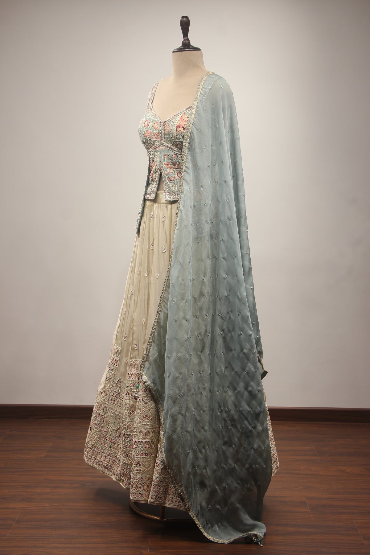 Blue Tissue Lehenga with Printed Handwork & Hand Embroidery Handwork