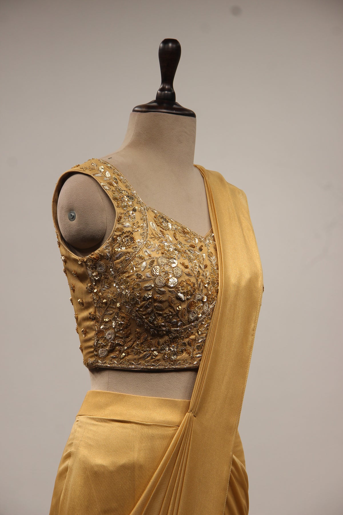 Gold Imported Drape Saree with Hand Embroidery & Sequin Handwork