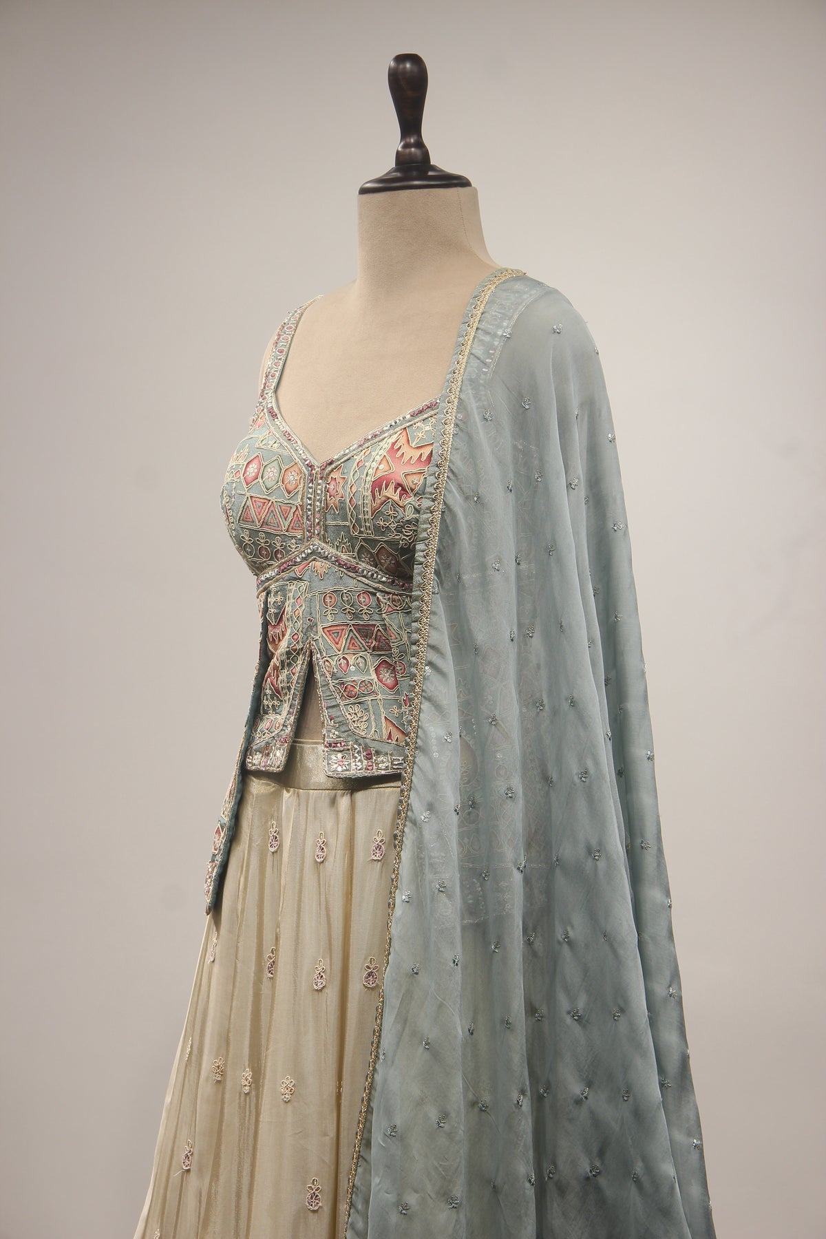 Blue Tissue Lehenga with Printed Handwork & Hand Embroidery Handwork
