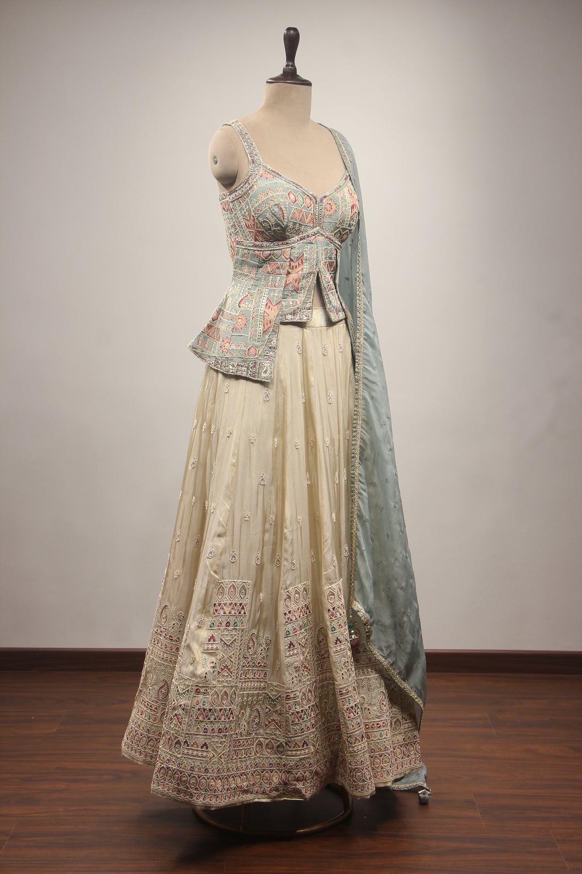 Blue Tissue Lehenga with Printed Handwork & Hand Embroidery Handwork