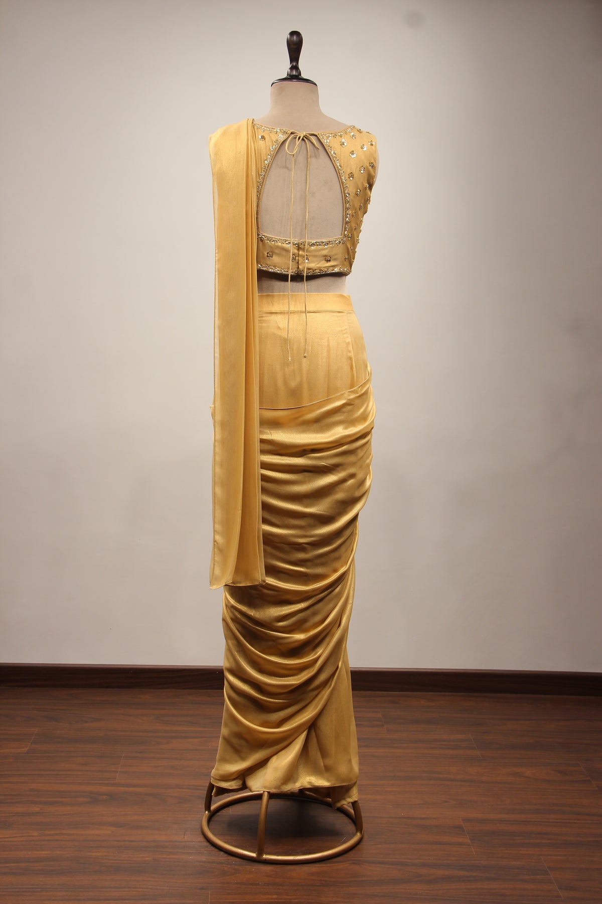 Gold Imported Drape Saree with Hand Embroidery & Sequin Handwork