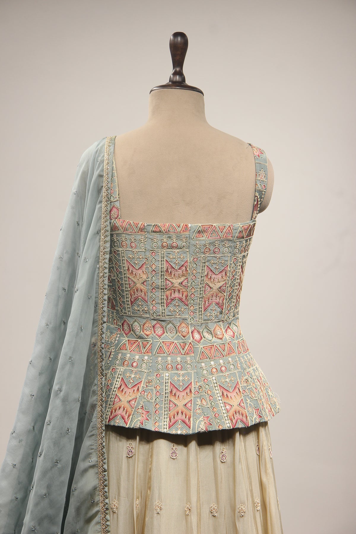 Blue Tissue Lehenga with Printed Handwork & Hand Embroidery Handwork