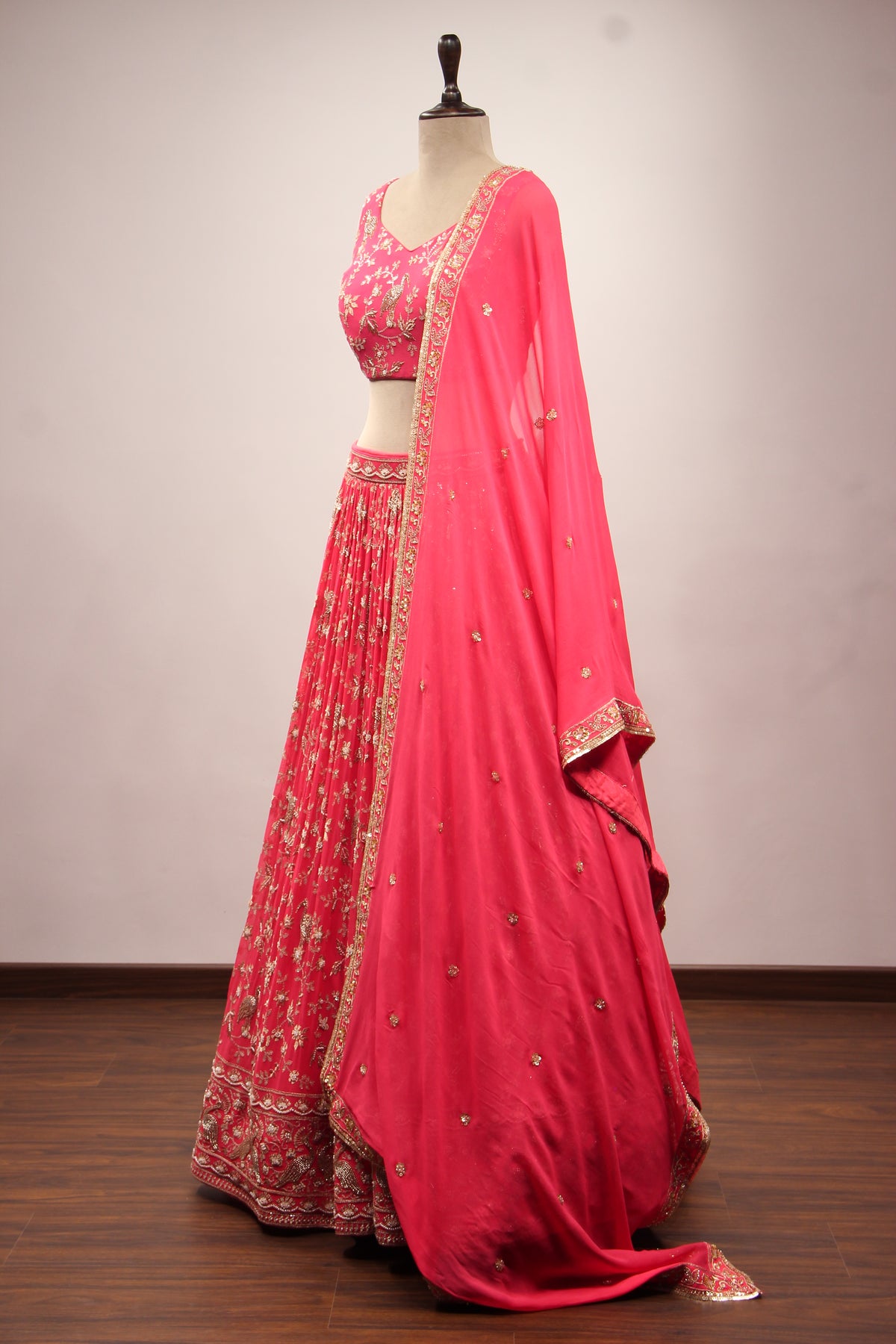 Peach Georgette Lehenga with Cut Dana & Sequin Handwork Crop Top