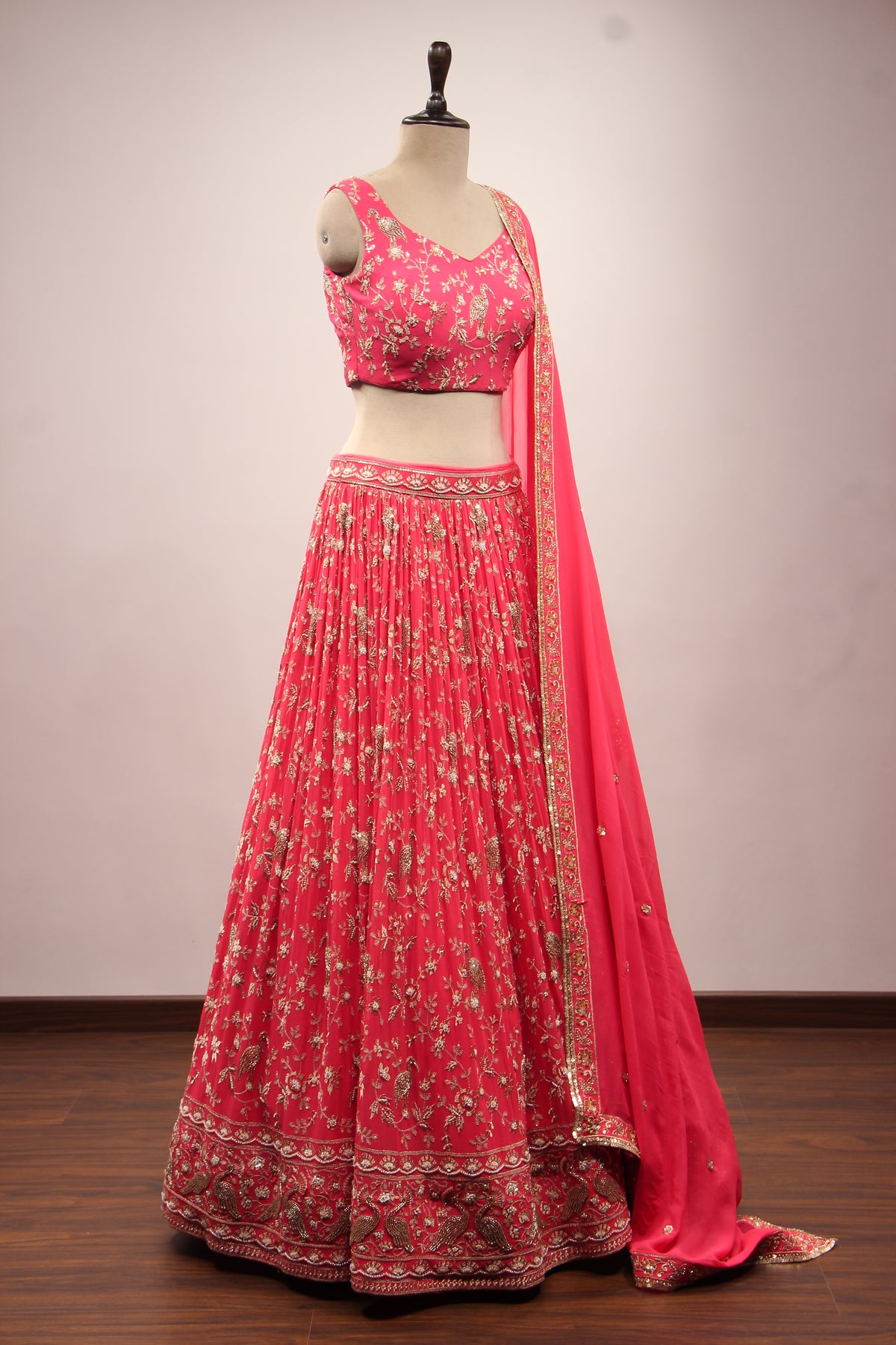 Peach Georgette Lehenga with Cut Dana & Sequin Handwork Crop Top