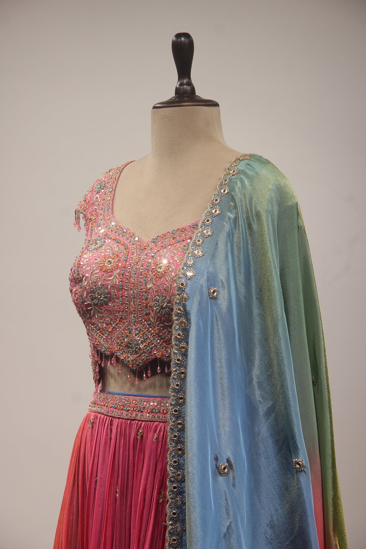 Multicolor Tissue Lehenga with Mirror & Resham Handwork Crop Top