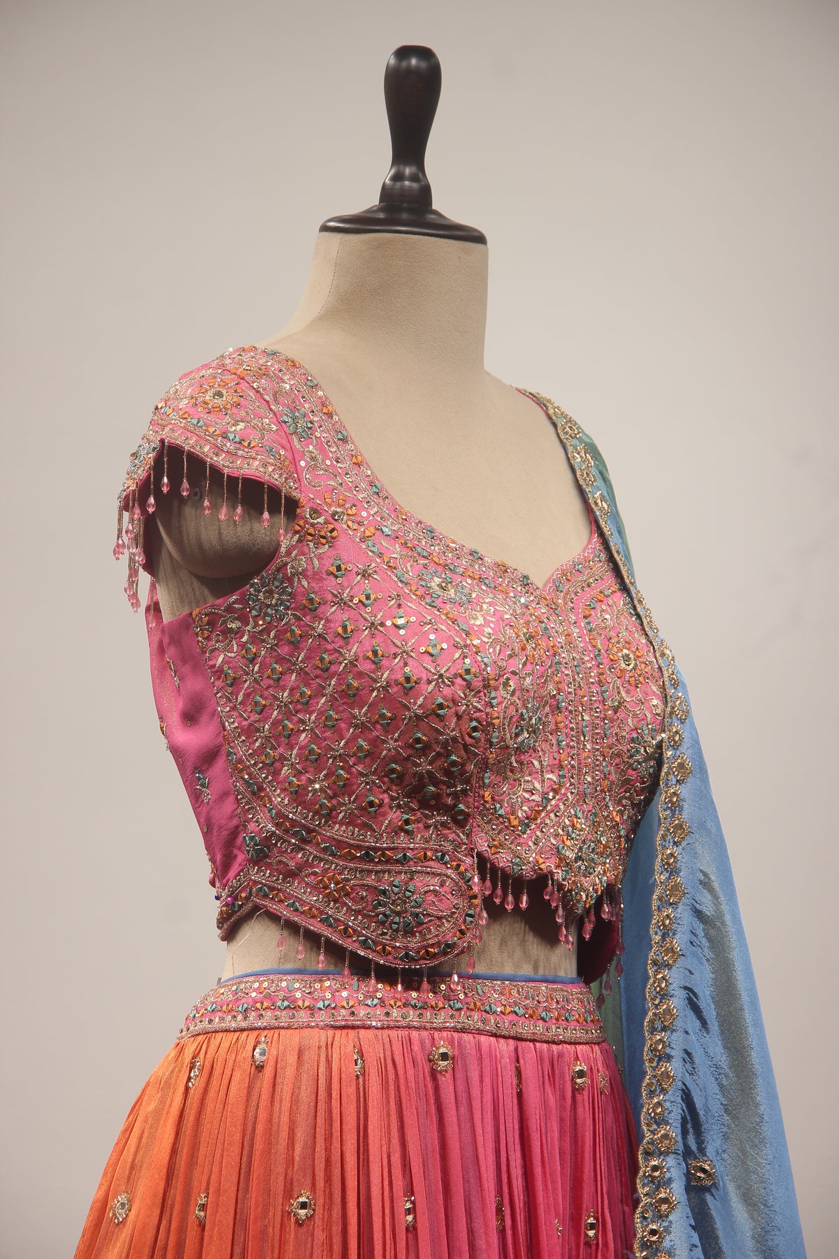 Multicolor Tissue Lehenga with Mirror & Resham Handwork Crop Top