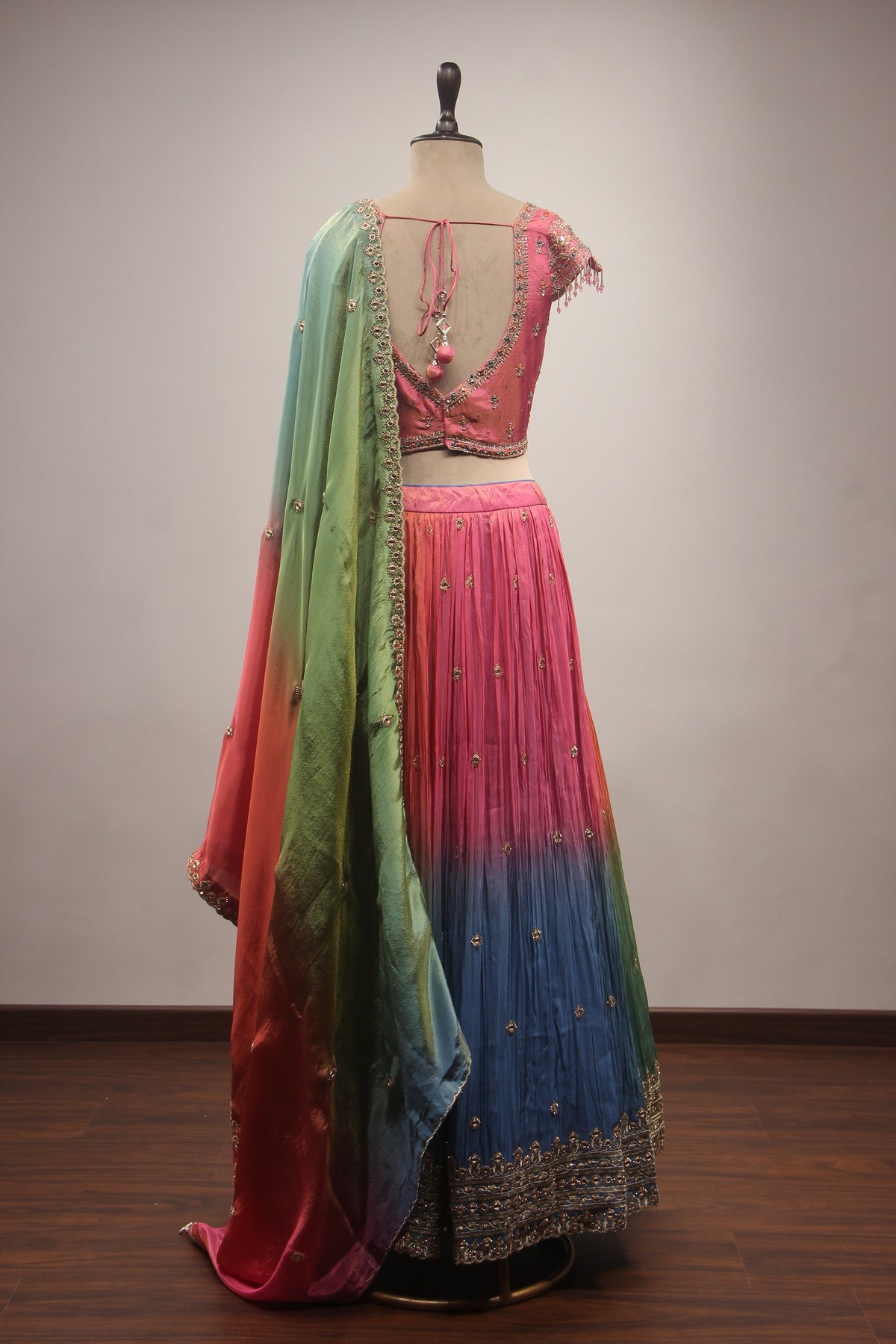 Multicolor Tissue Lehenga with Mirror & Resham Handwork Crop Top