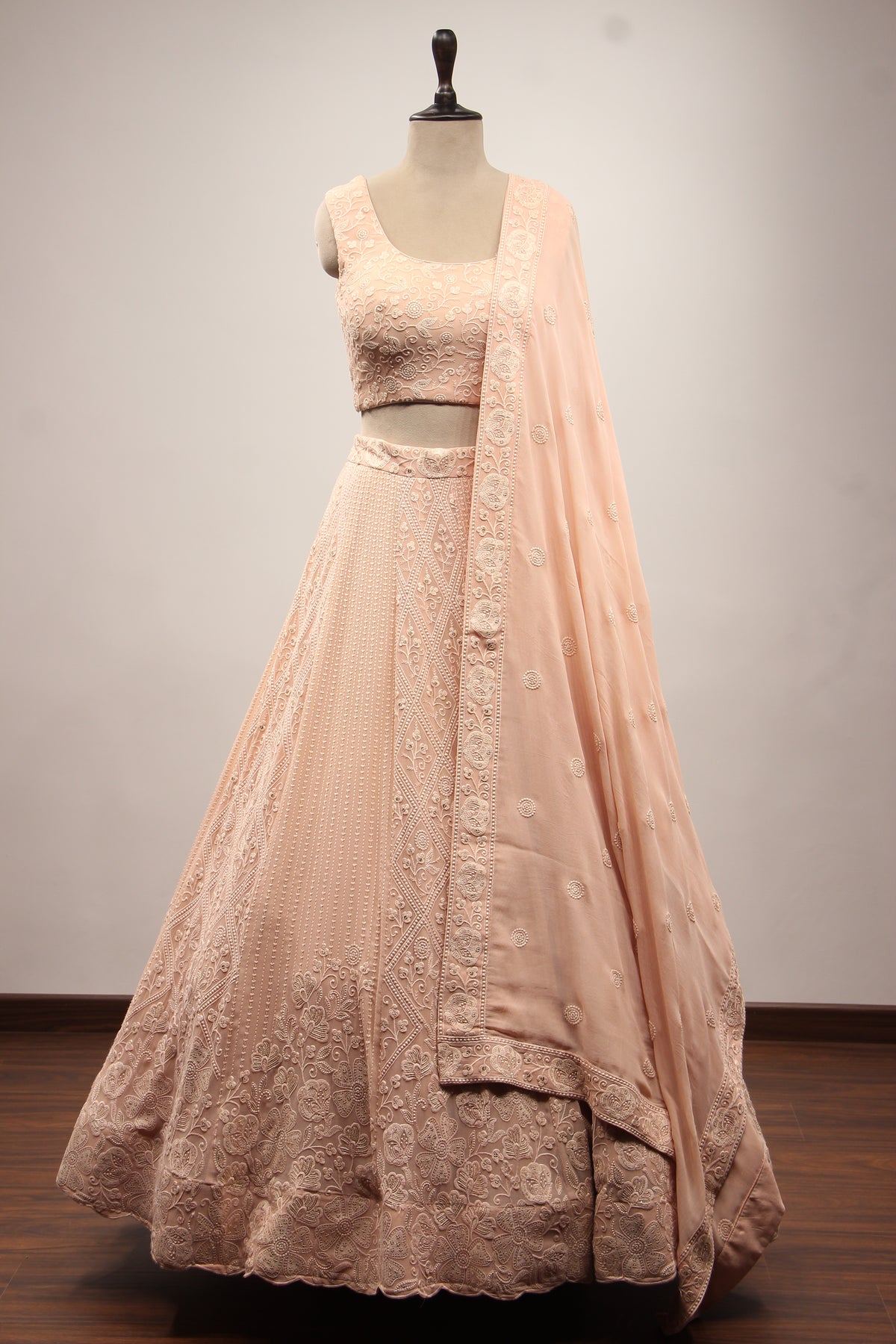 Peach Lucknavi Lehenga with Resham Handwork Crop Top