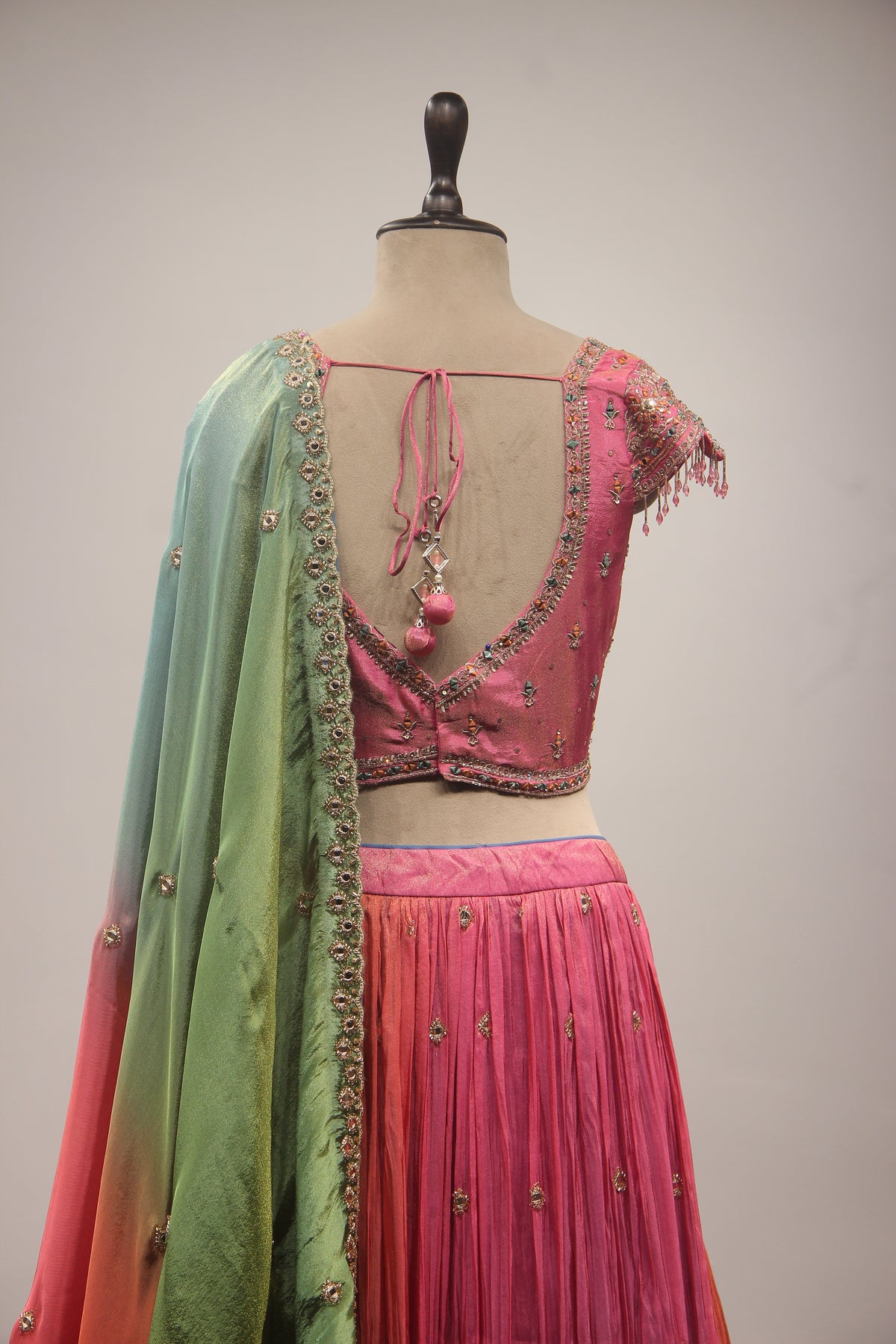 Multicolor Tissue Lehenga with Mirror & Resham Handwork Crop Top