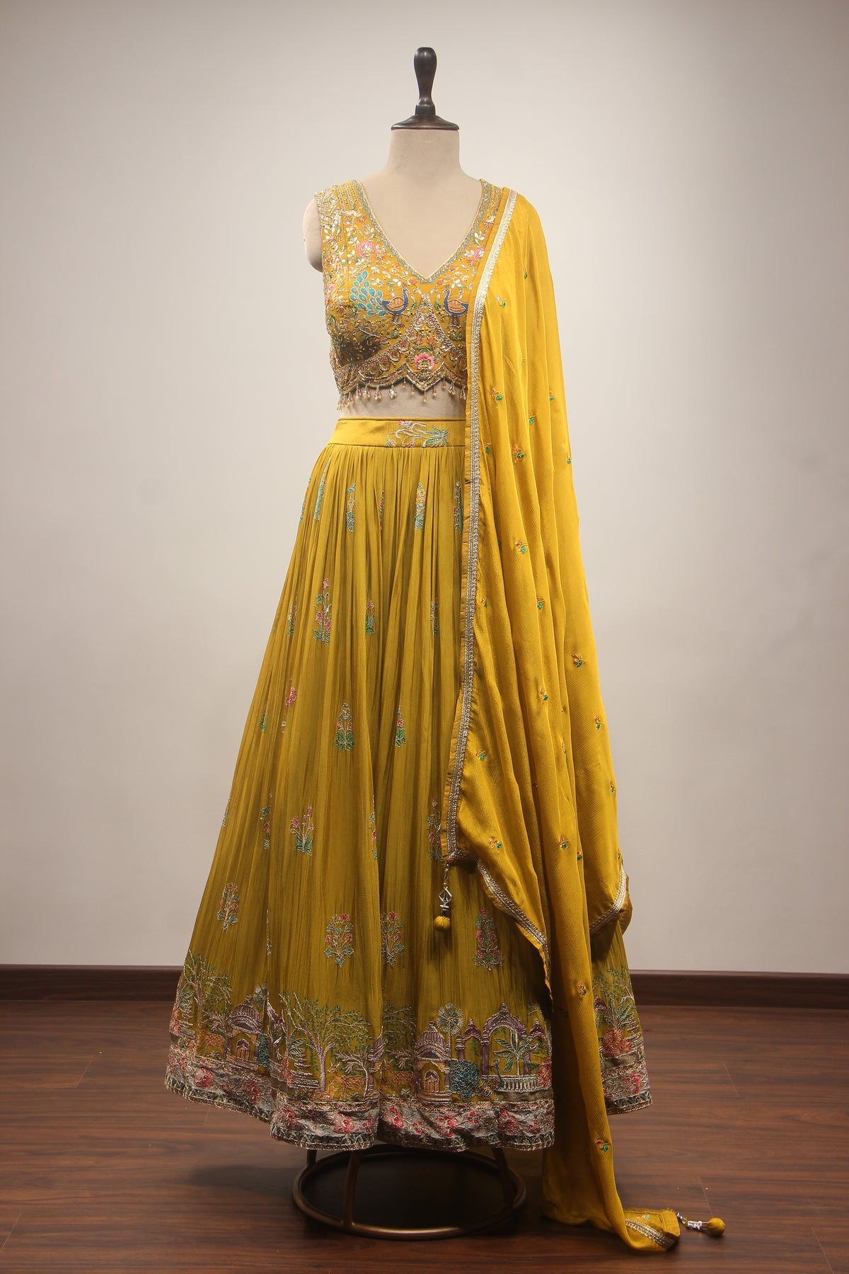 Crepe Green Lehenga with Printed Handwork & Resham Crop Top