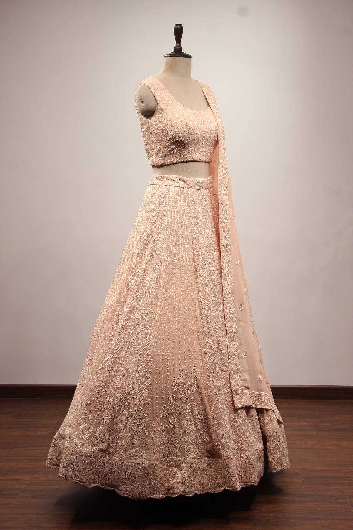 Peach Lucknavi Lehenga with Resham Handwork Crop Top