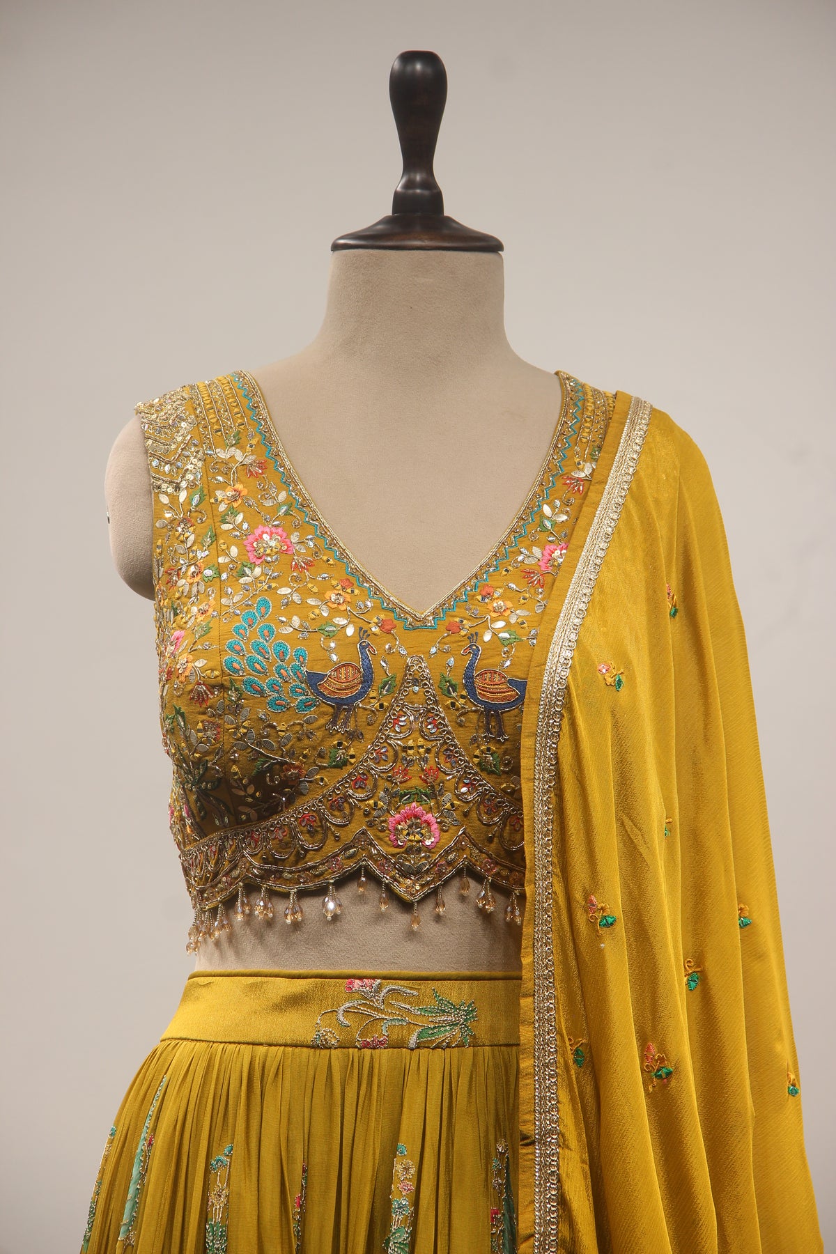 Crepe Green Lehenga with Printed Handwork & Resham Crop Top