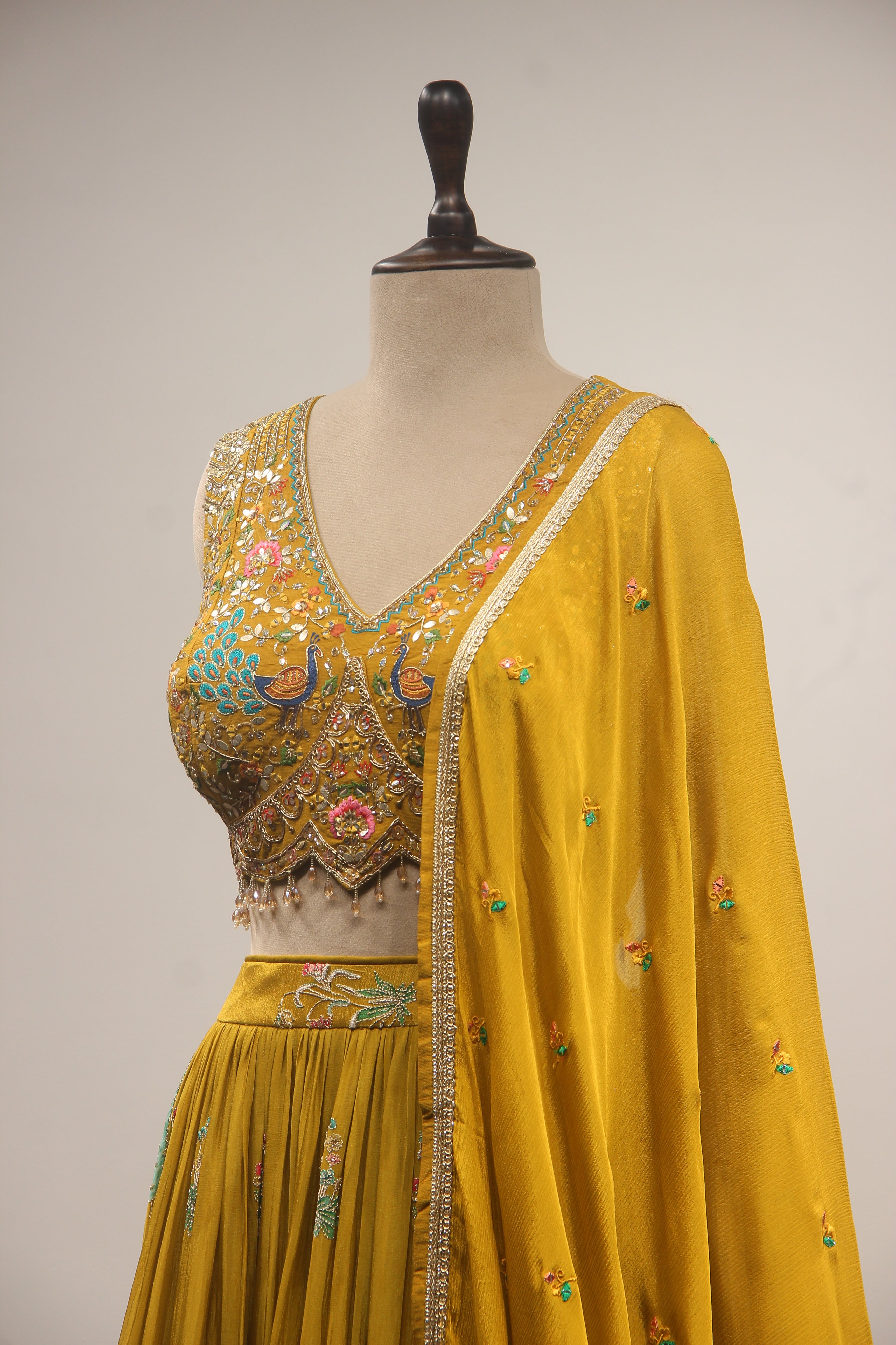 Crepe Green Lehenga with Printed Handwork & Resham Crop Top