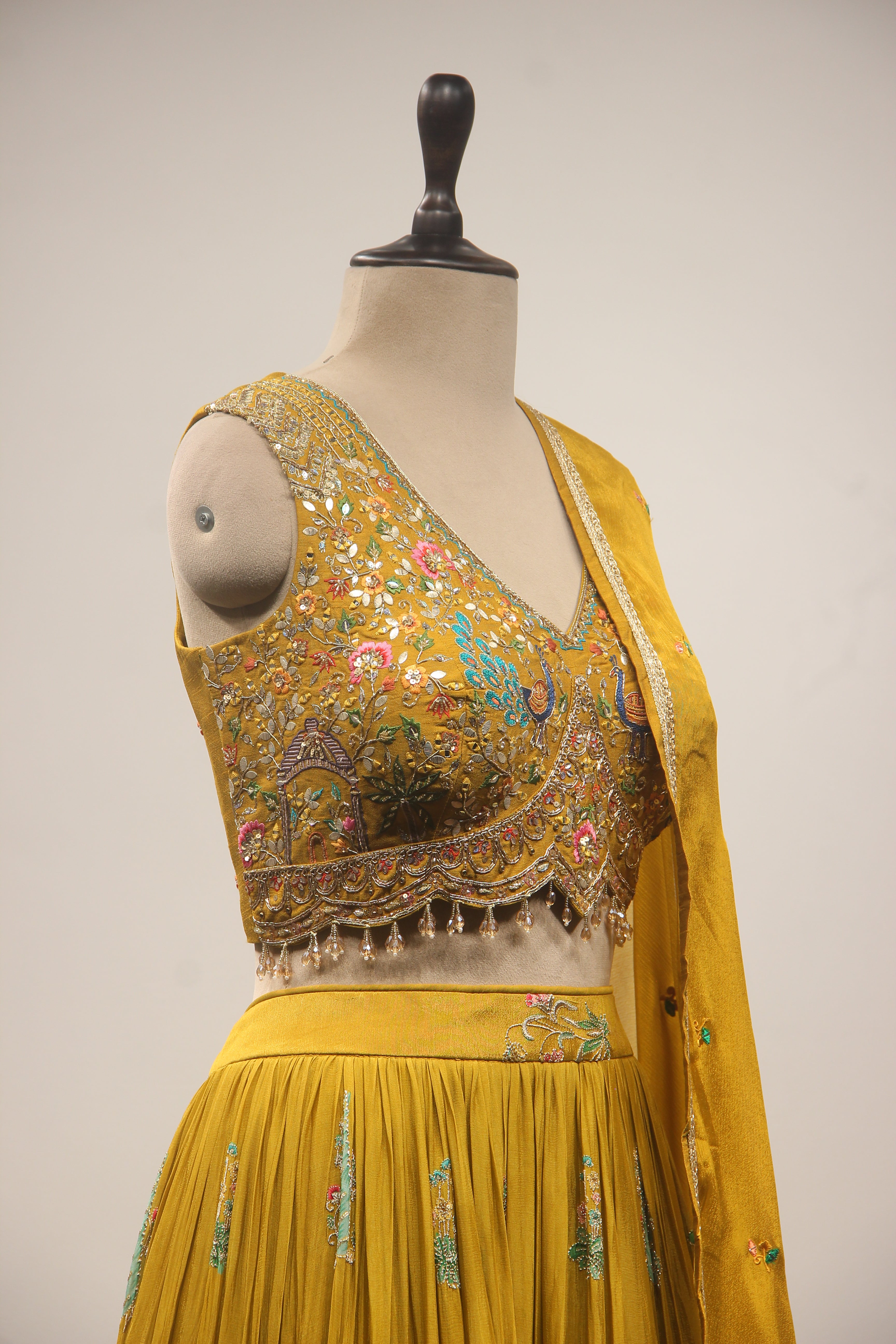 Crepe Green Lehenga with Printed Handwork & Resham Crop Top
