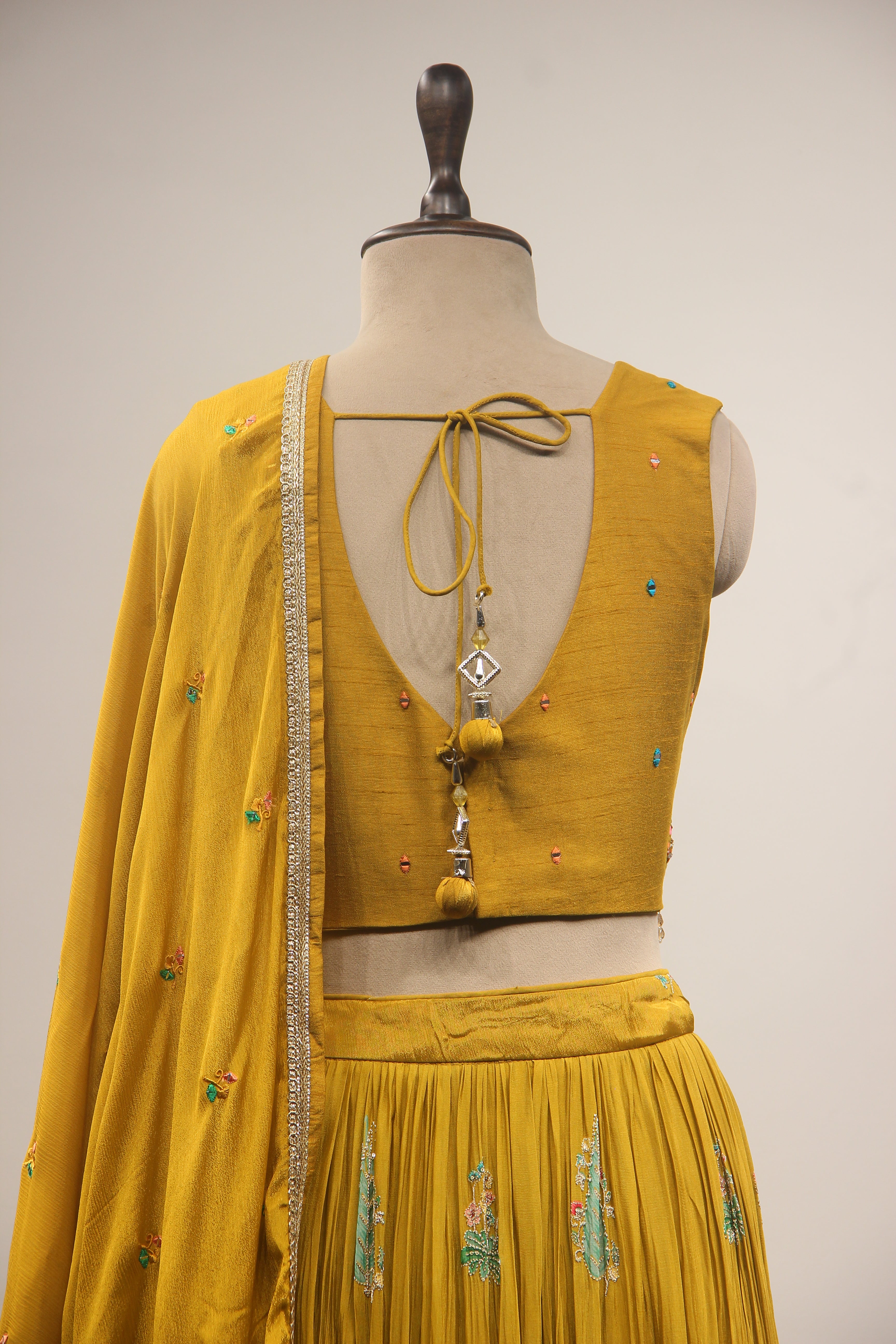 Crepe Green Lehenga with Printed Handwork & Resham Crop Top