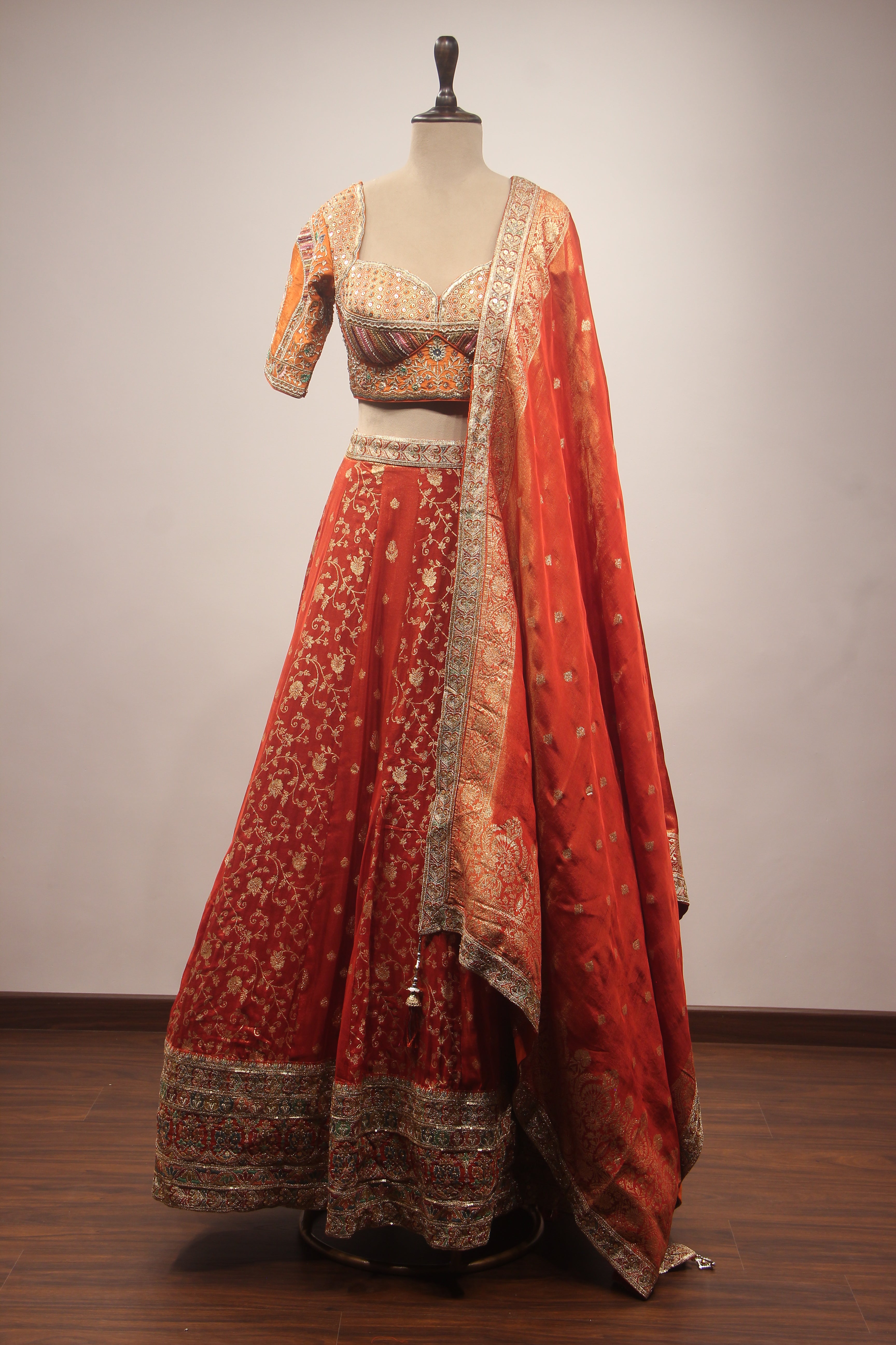 Orange Banarasi Brocade-Tissue Lehenga with Resham & Sequin Handwork