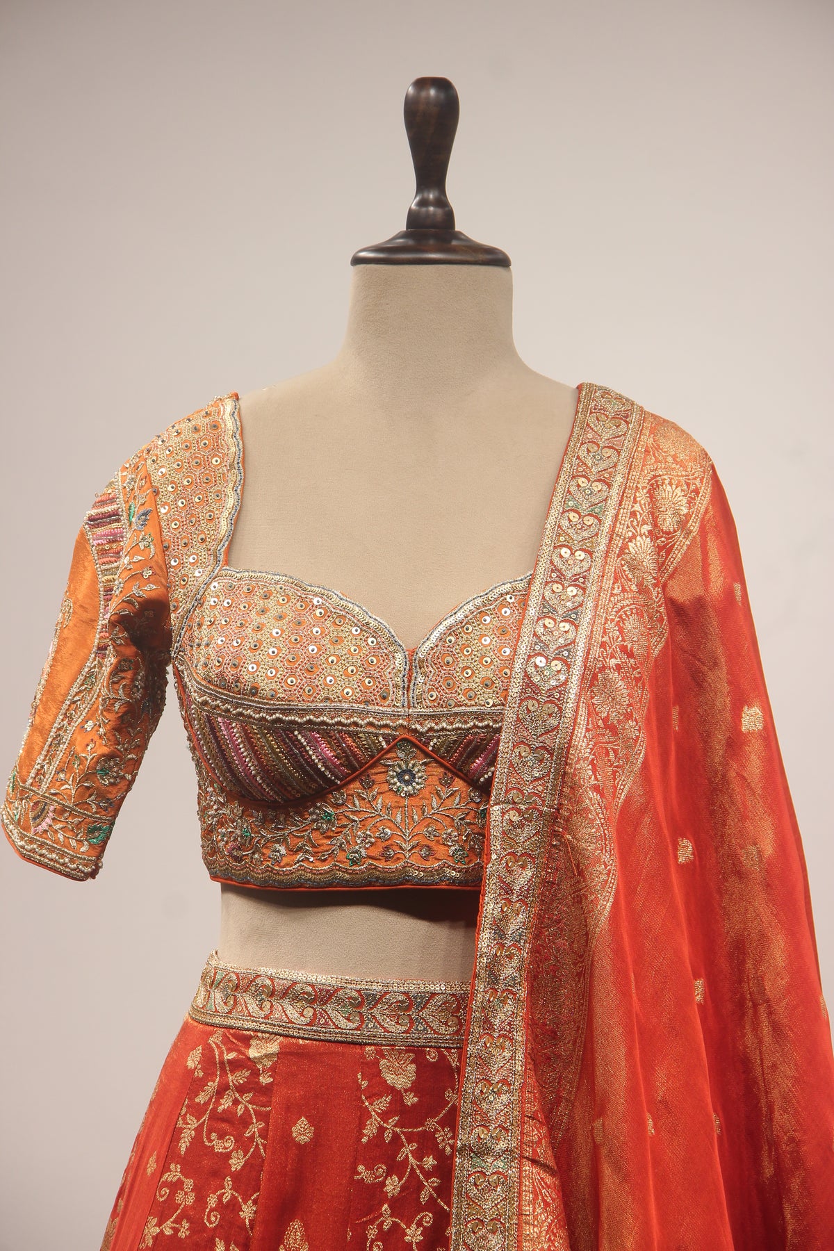 Orange Banarasi Brocade-Tissue Lehenga with Resham & Sequin Handwork