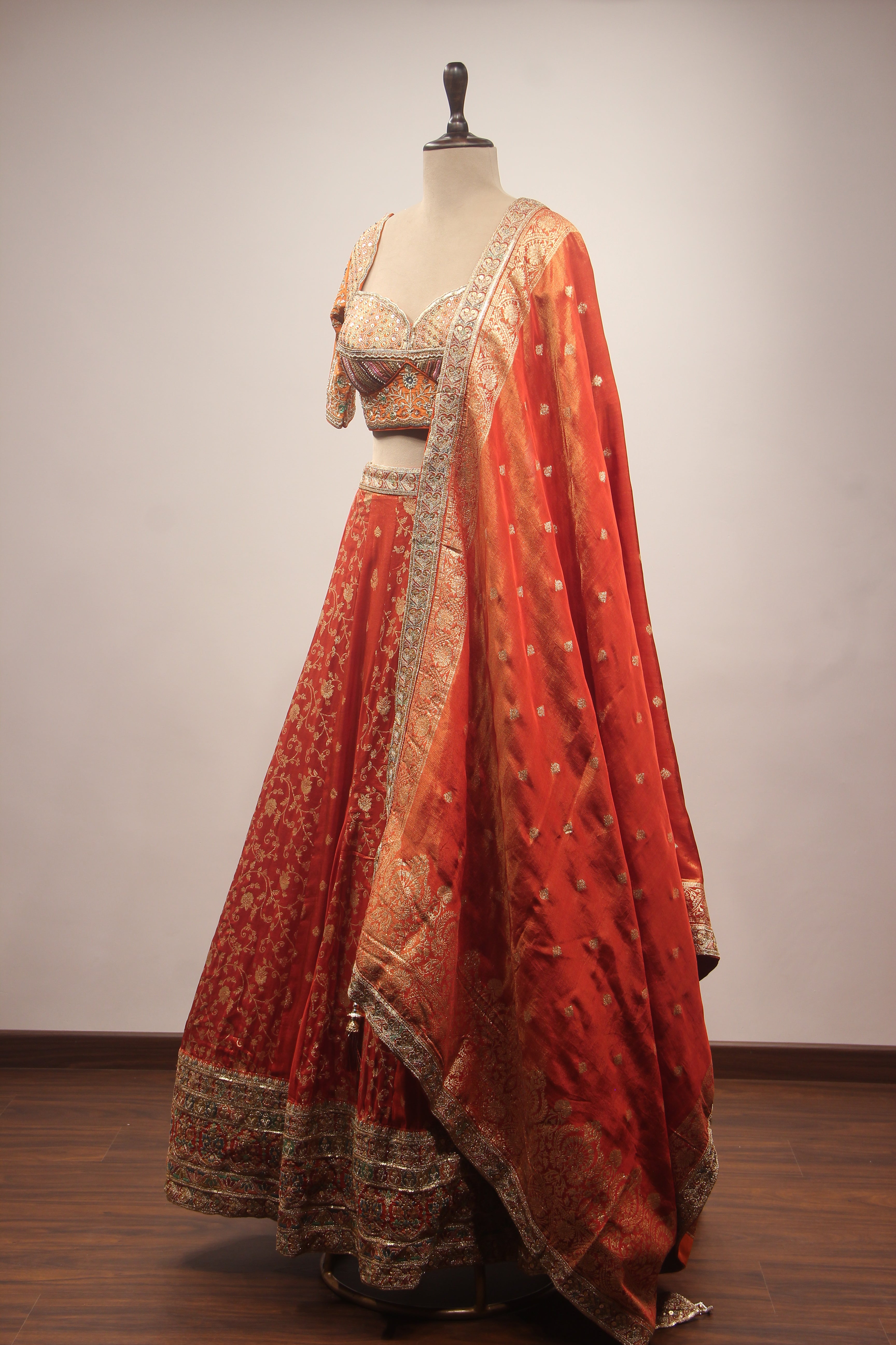 Orange Banarasi Brocade-Tissue Lehenga with Resham & Sequin Handwork