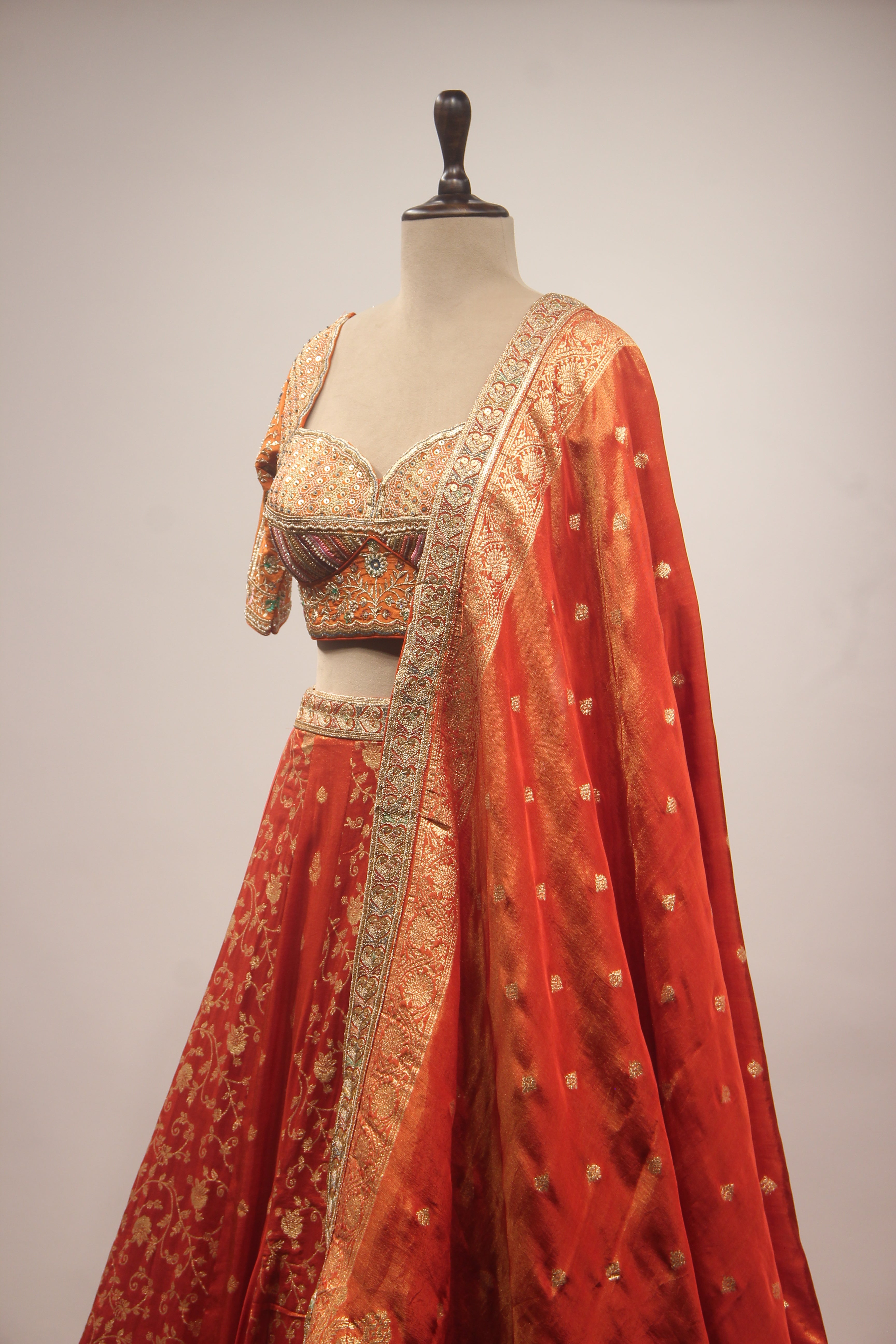 Orange Banarasi Brocade-Tissue Lehenga with Resham & Sequin Handwork