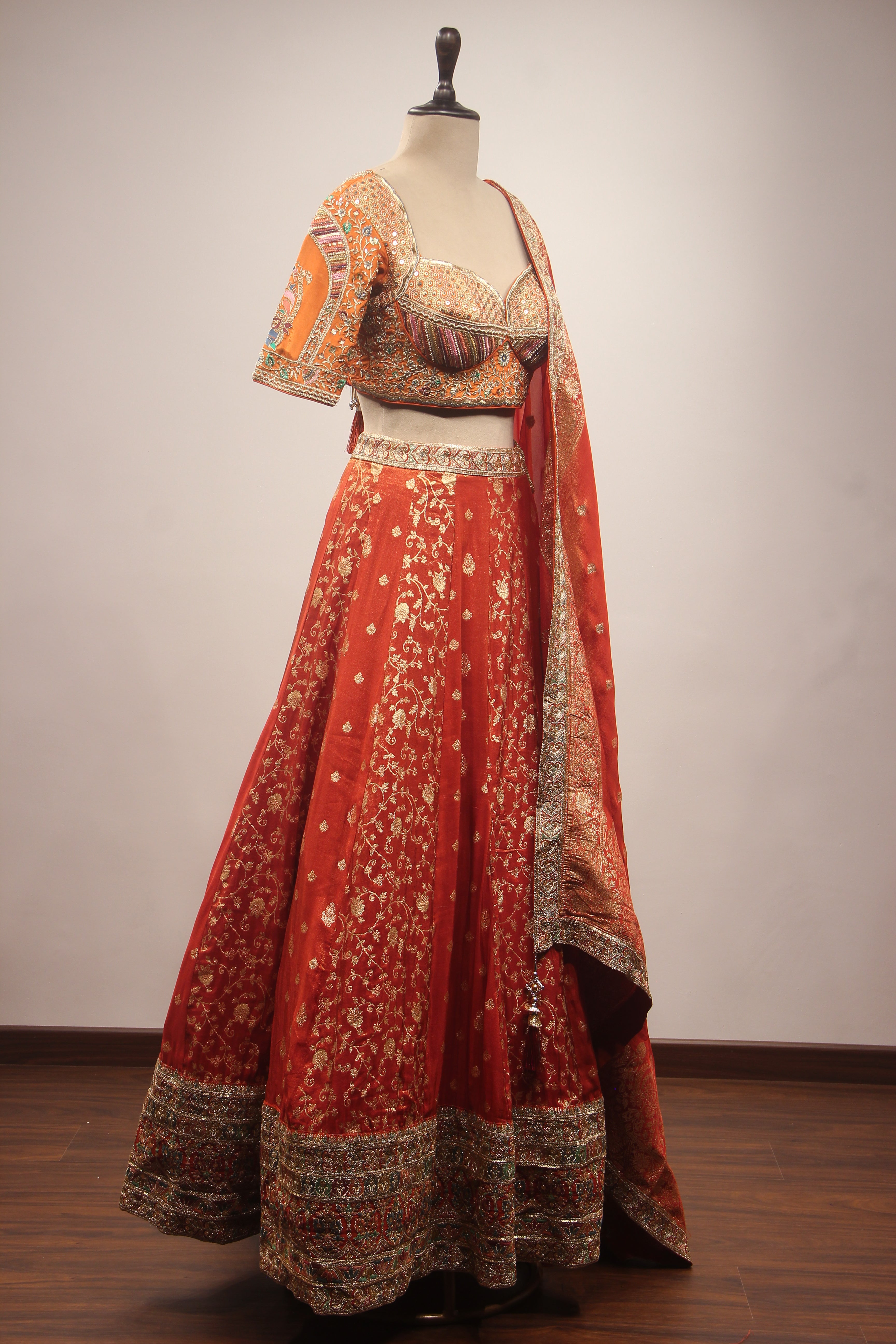 Orange Banarasi Brocade-Tissue Lehenga with Resham & Sequin Handwork