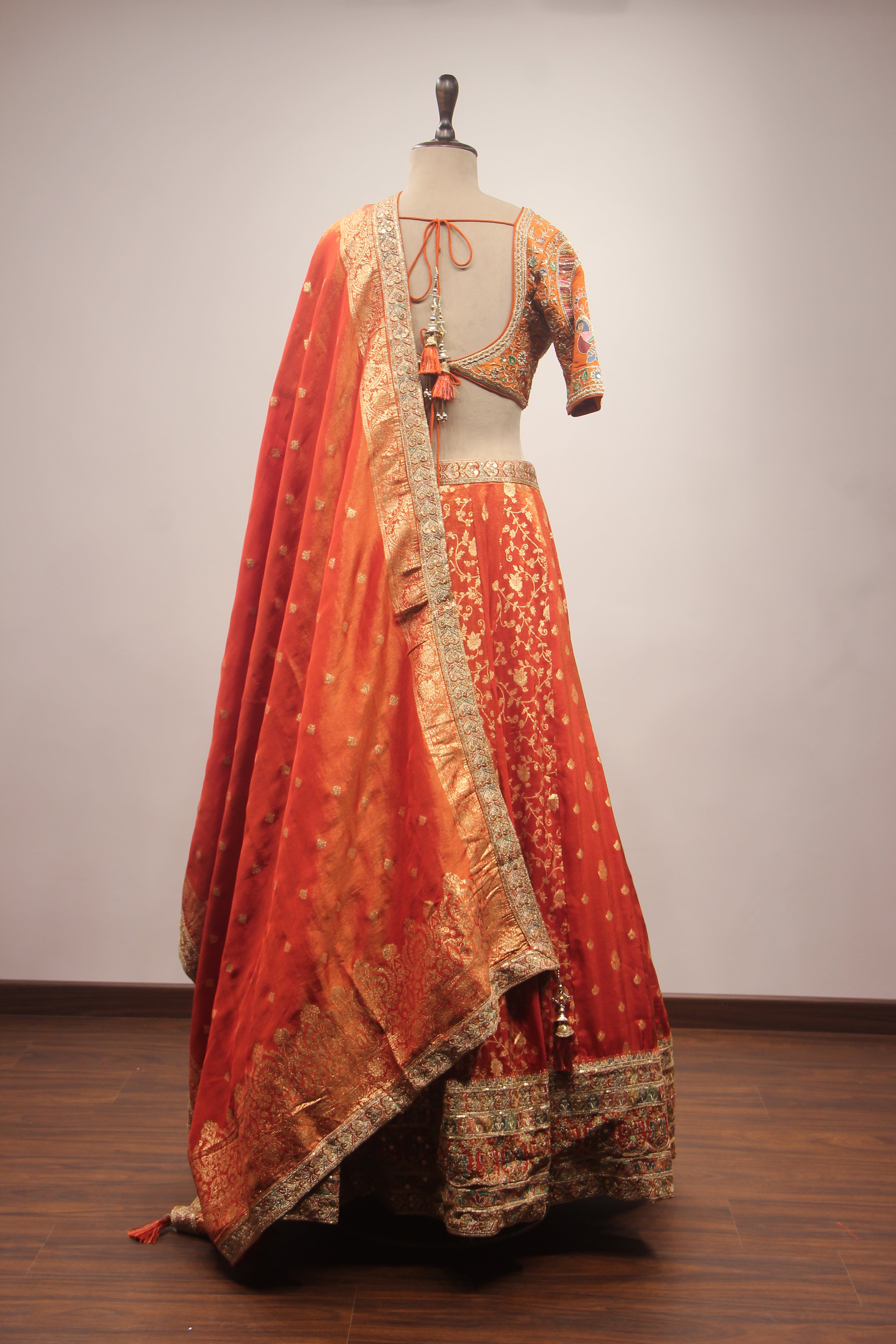 Orange Banarasi Brocade-Tissue Lehenga with Resham & Sequin Handwork