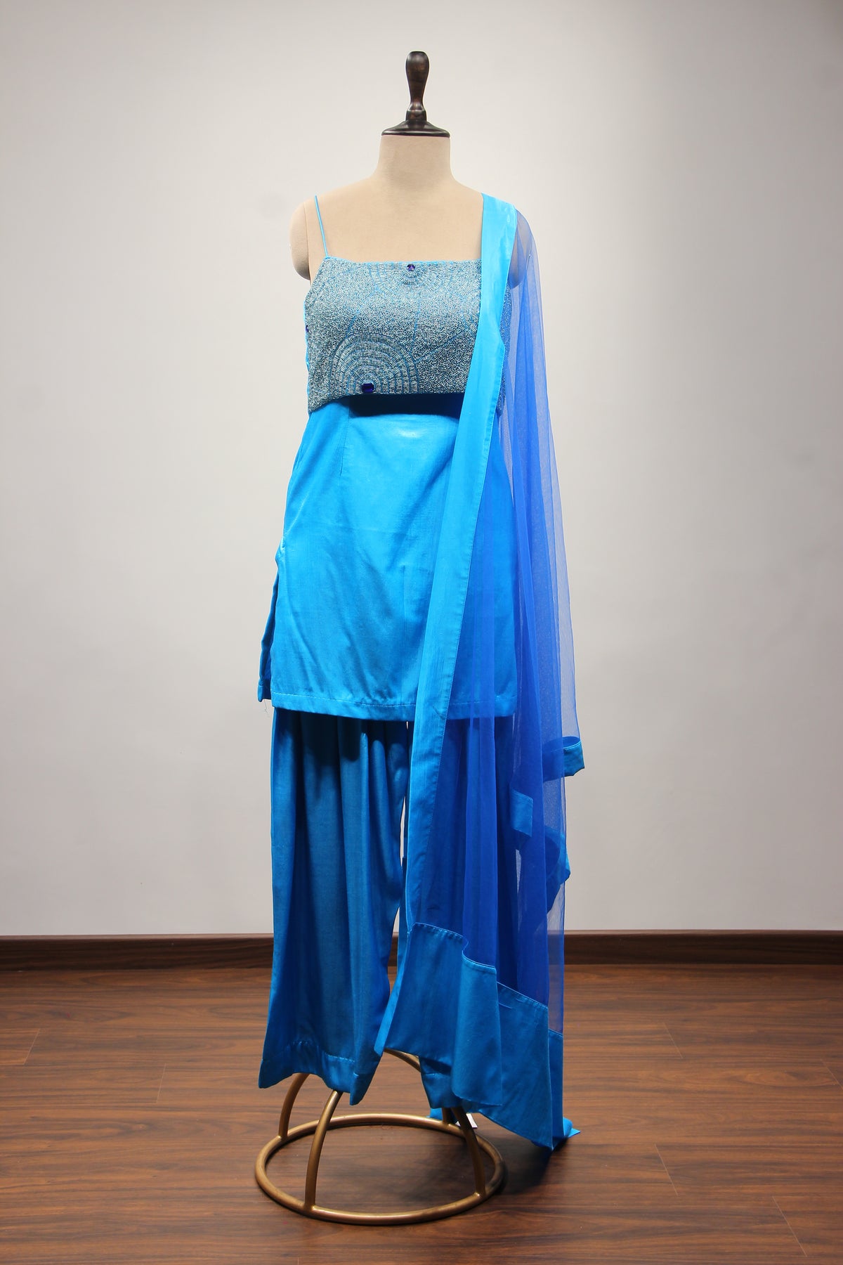BLUE Satin Farshi Salwar with Bead and Cut Dana work by OOS — product image 1