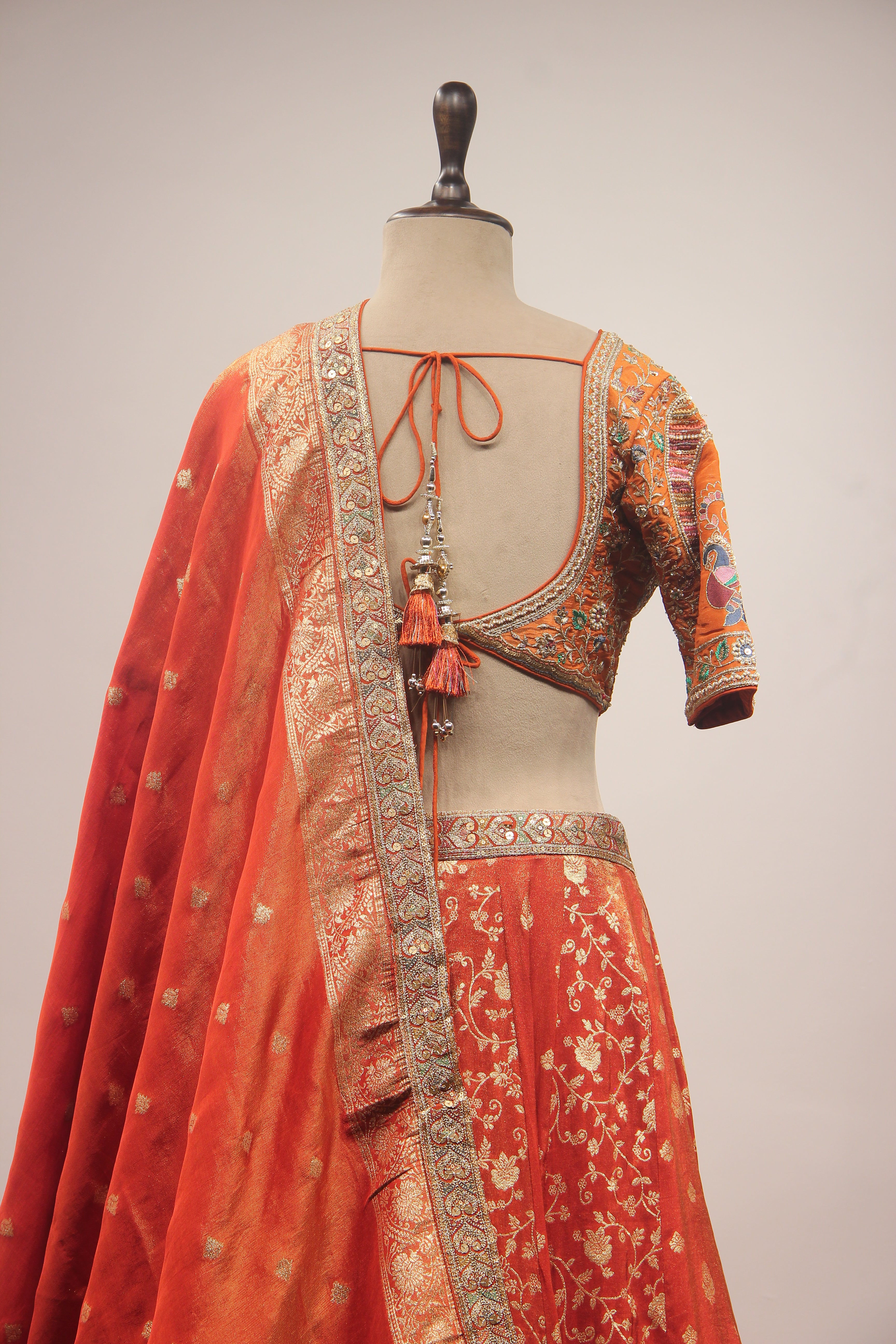 Orange Banarasi Brocade-Tissue Lehenga with Resham & Sequin Handwork