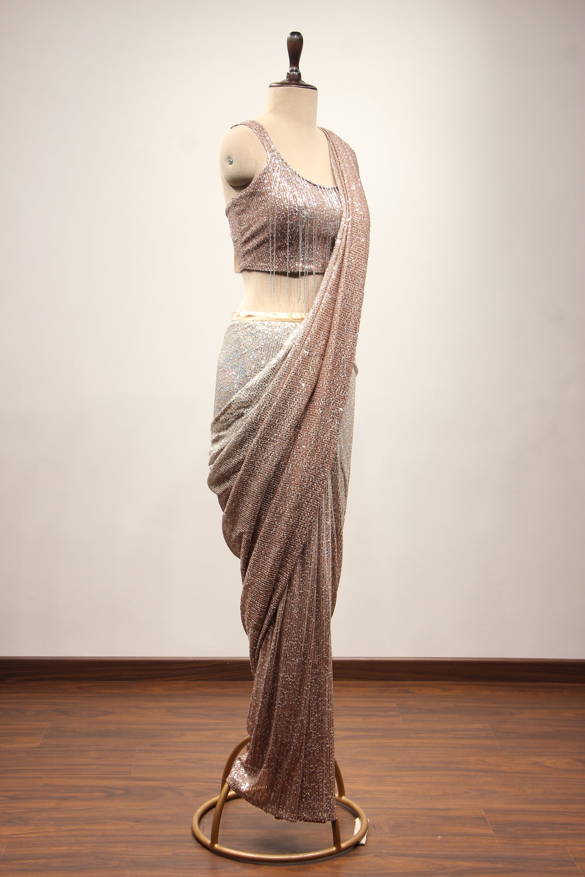 Chikoo Imported Drape Saree with Sequin & Tassel Handwork Fringe Top – other side view
