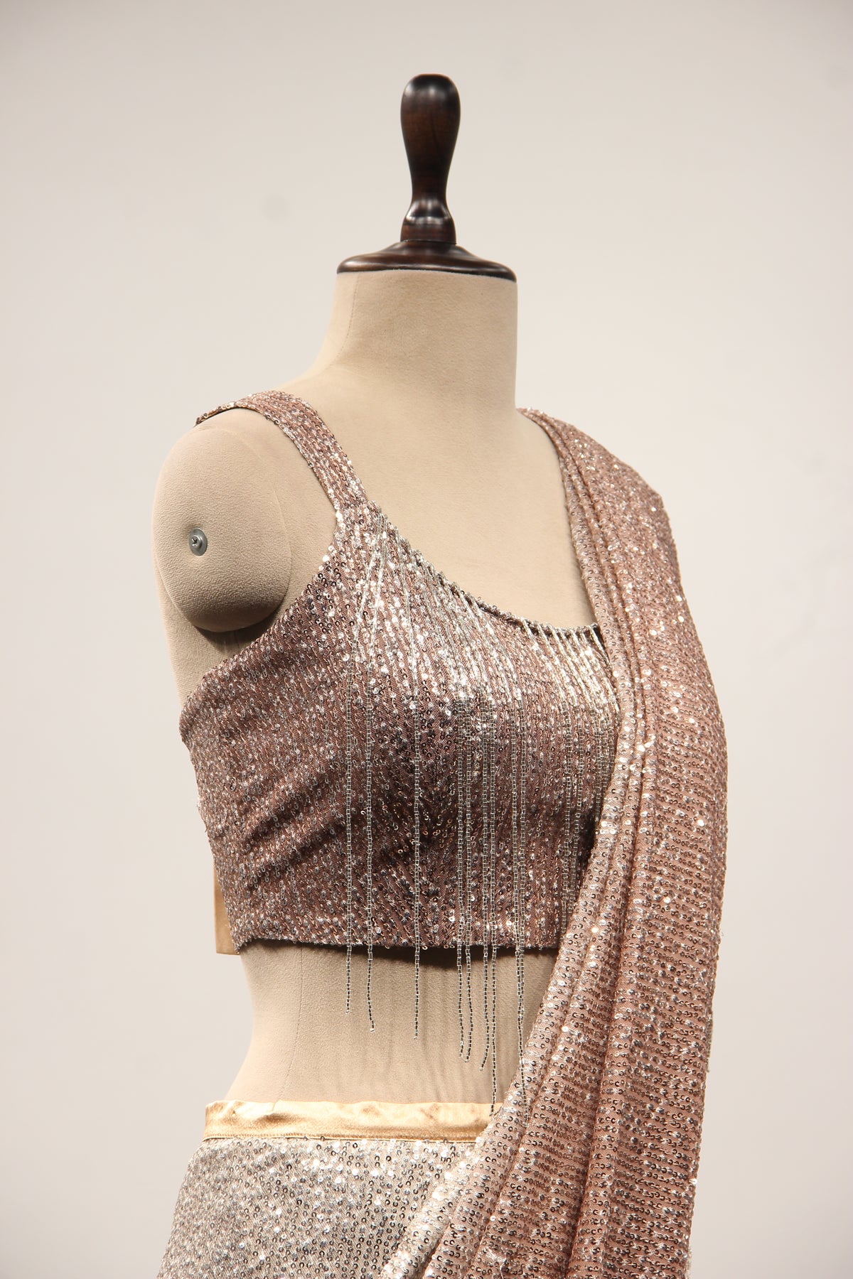 Chikoo Imported Drape Saree with Sequin & Tassel Handwork Fringe Top – other side close-up