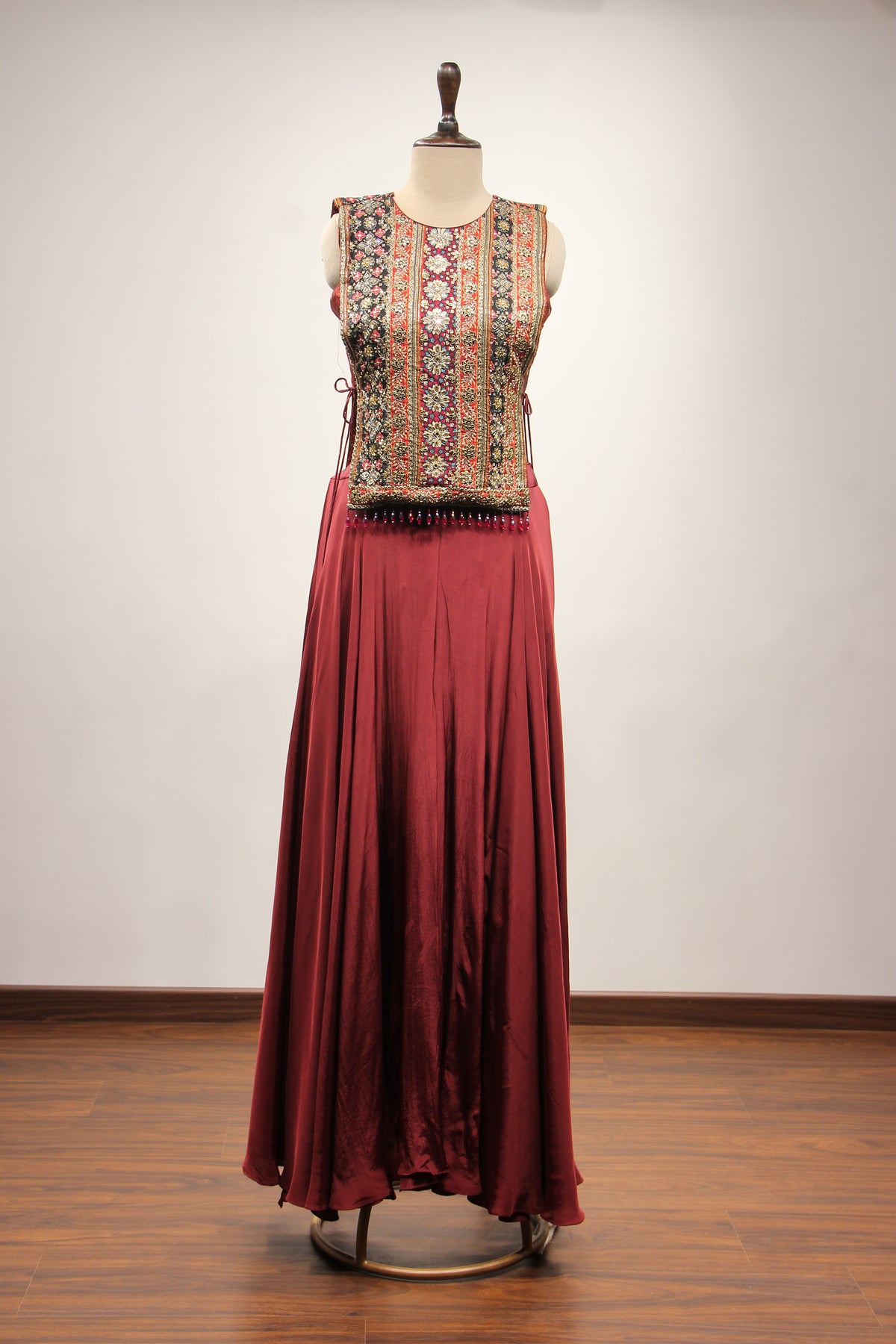 Maroon Crepe Indo Western Poncho Palazzo with Mirror & Zari Handwork – front view